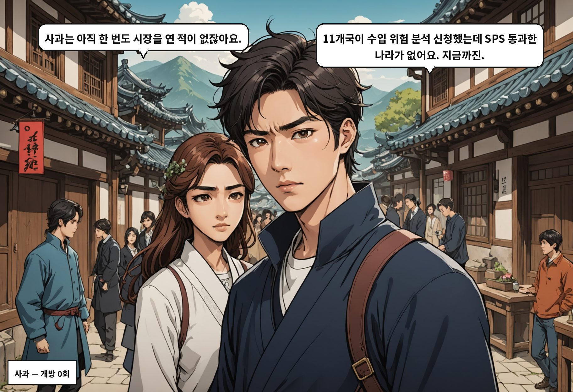 A: 사과는 아직 한 번도 시장을 연 적이 없잖아요. B: 11개국이 수입 위험 분석 신청했는데 SPS 통과한 나라가 없어요. 지금까진.