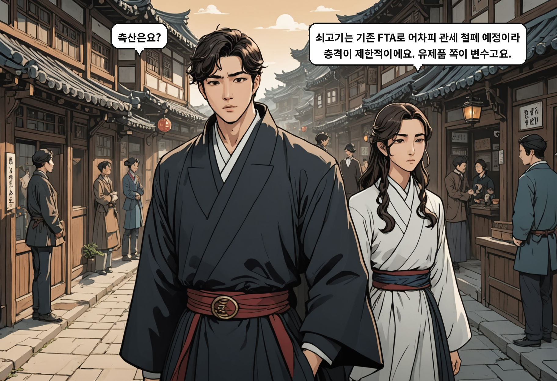 A: 축산은요? B: 쇠고기는 기존 FTA로 어차피 관세 철폐 예정이라 충격이 제한적이에요. 유제품 쪽이 변수고요.