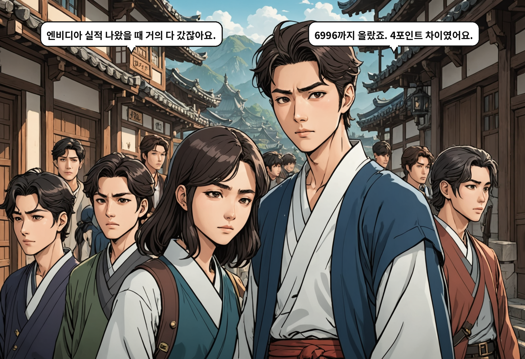 B: 엔비디아 실적 나왔을 때 거의 다 갔잖아요. A: 6996까지 올랐죠. 4포인트 차이였어요.