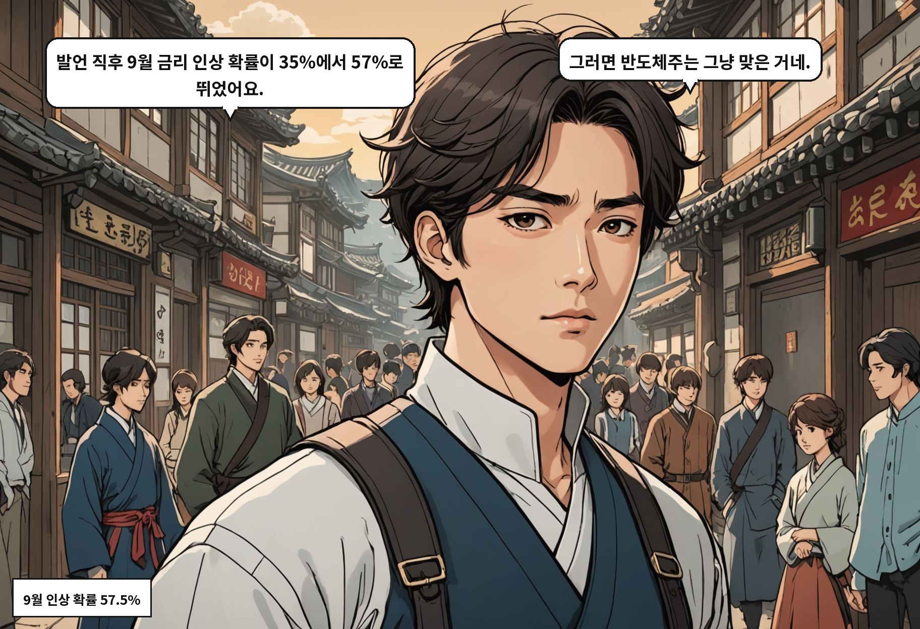 A: 발언 직후 9월 금리 인상 확률이 35%에서 57%로 뛰었어요. B: 그러면 반도체주는 그냥 맞은 거네.