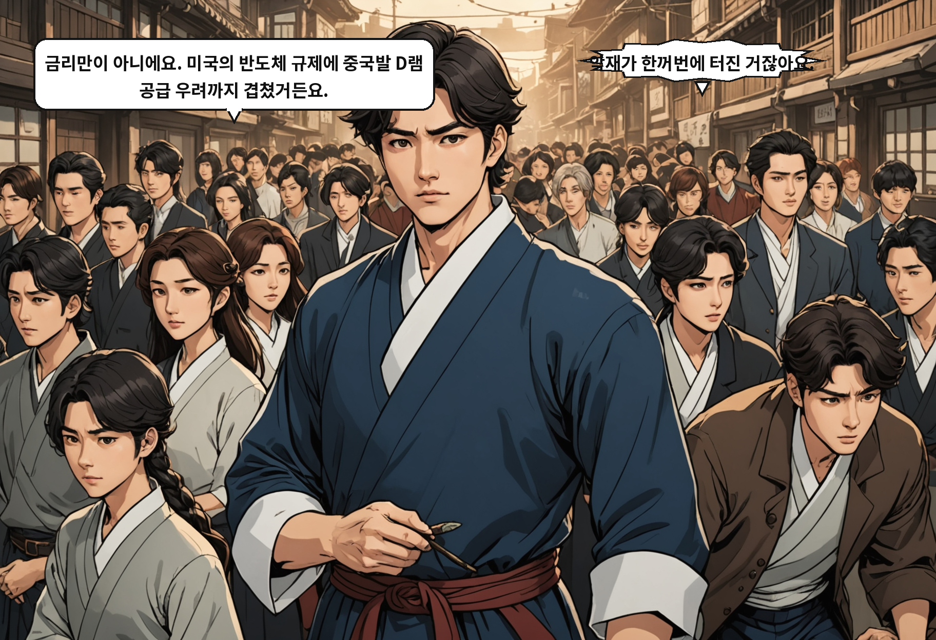 A: 금리만이 아니에요. 미국의 반도체 규제에 중국발 D램 공급 우려까지 겹쳤거든요. B: 악재가 한꺼번에 터진 거잖아요.