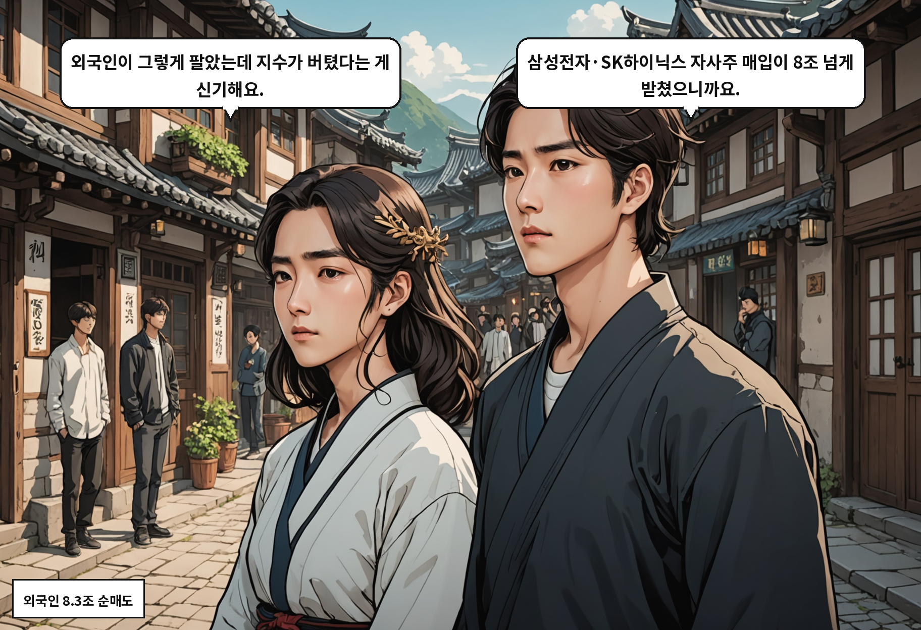 B: 외국인이 그렇게 팔았는데 지수가 버텼다는 게 신기해요. A: 삼성전자·SK하이닉스 자사주 매입이 8조 넘게 받쳤으니까요.
