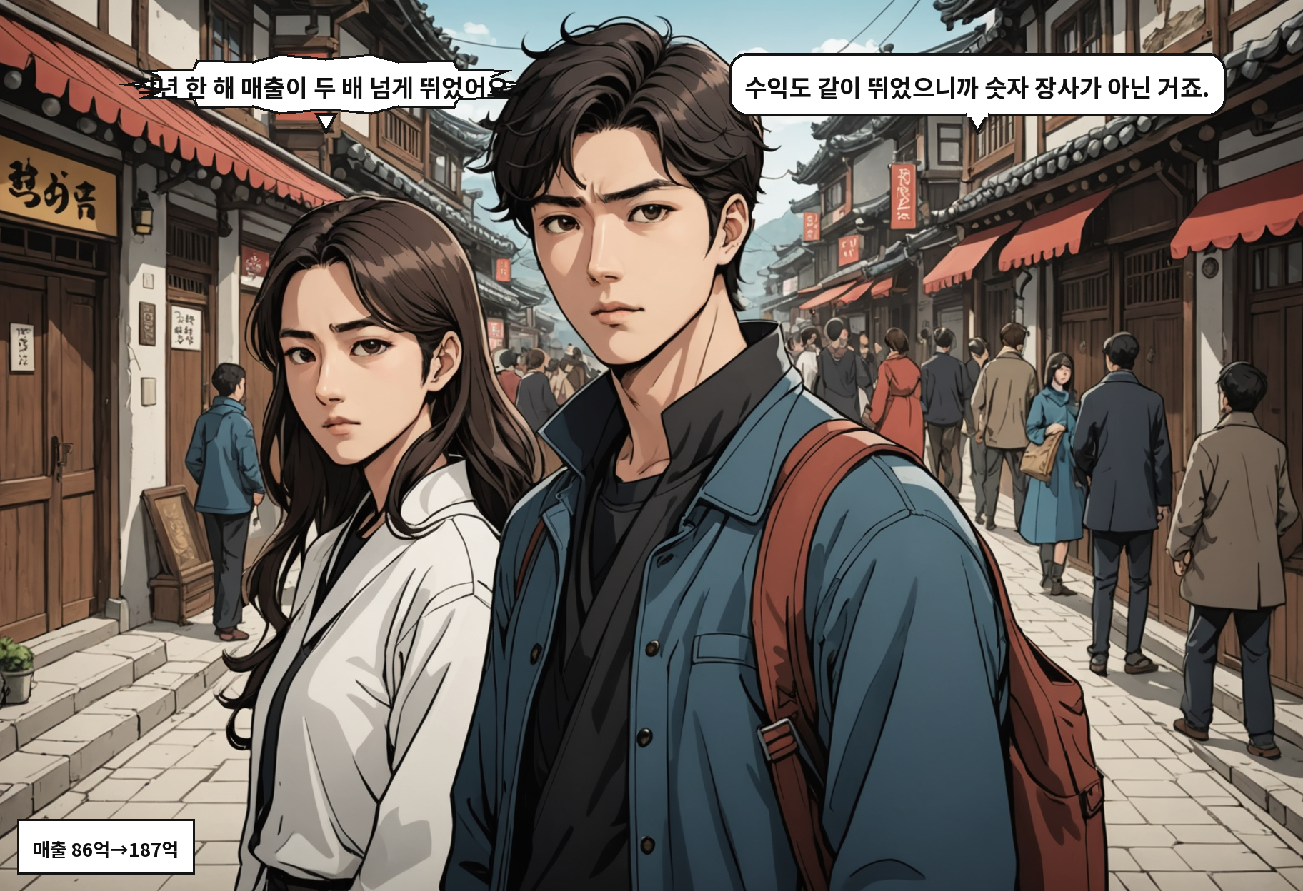 B: 작년 한 해 매출이 두 배 넘게 뛰었어요. A: 수익도 같이 뛰었으니까 숫자 장사가 아닌 거죠.
