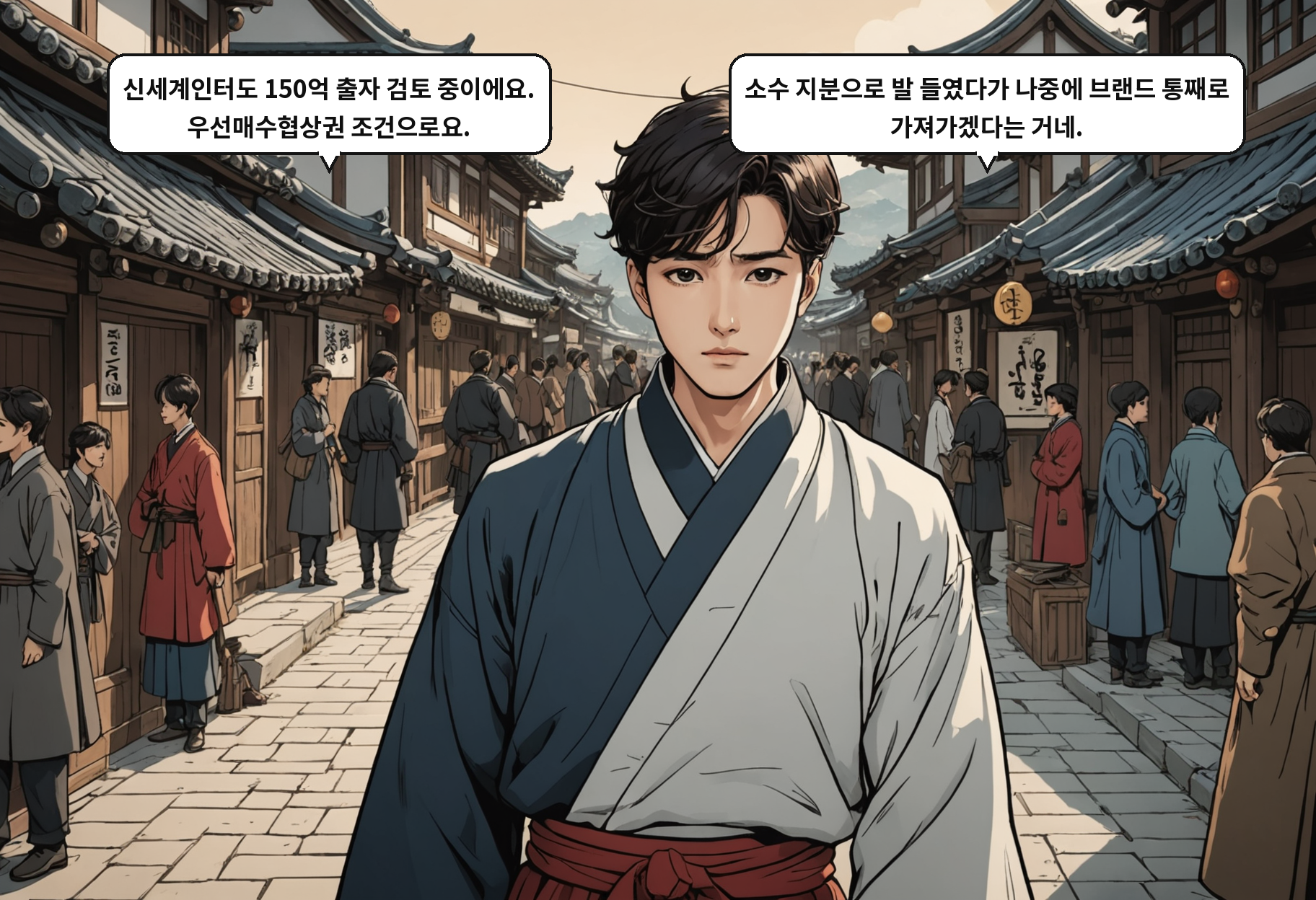 A: 신세계인터도 150억 출자 검토 중이에요. 우선매수협상권 조건으로요. B: 소수 지분으로 발 들였다가 나중에 브랜드 통째로 가져가겠다는 거네.