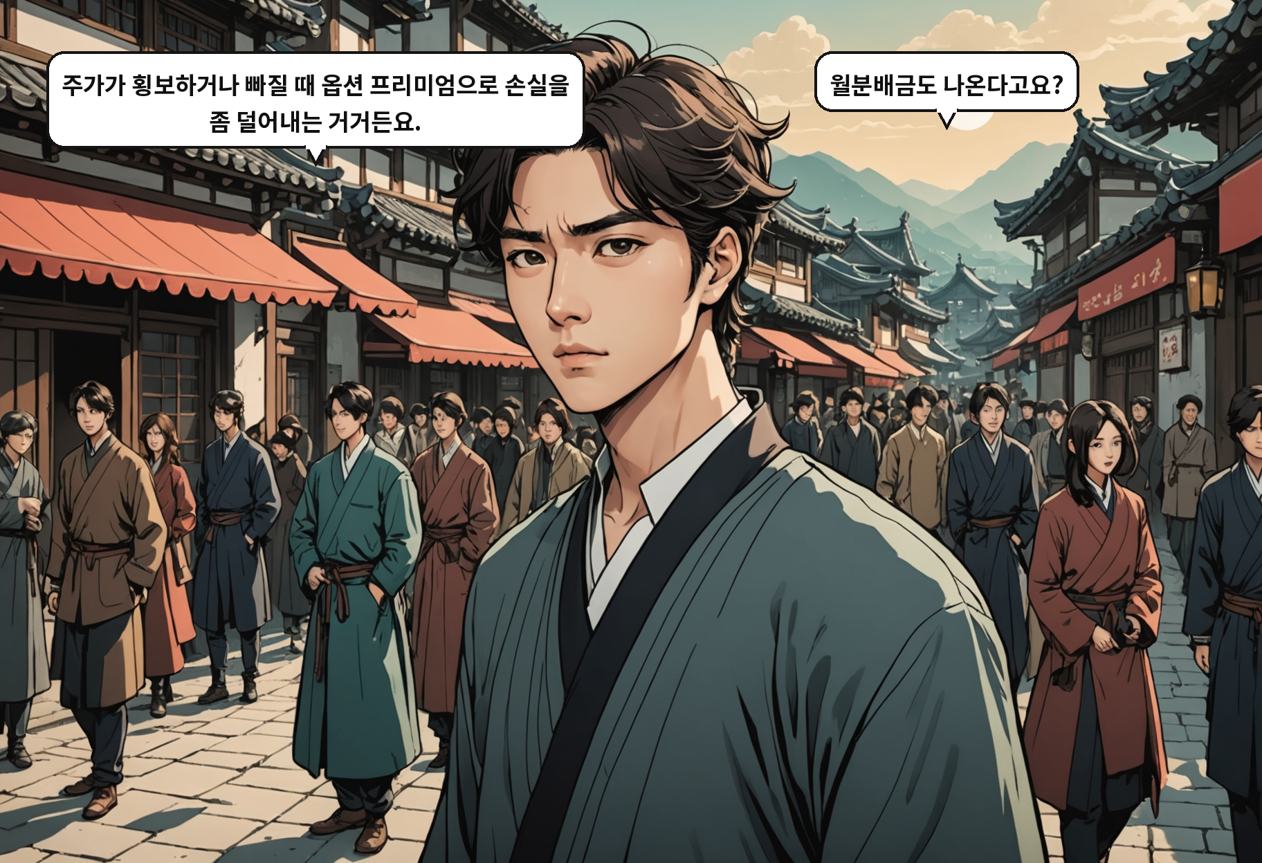 A: 주가가 횡보하거나 빠질 때 옵션 프리미엄으로 손실을 좀 덜어내는 거거든요. B: 월분배금도 나온다고요?