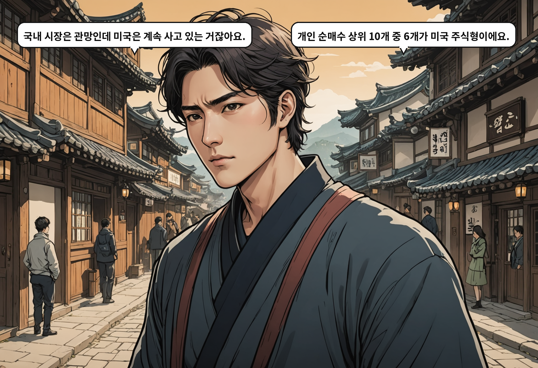 B: 국내 시장은 관망인데 미국은 계속 사고 있는 거잖아요. A: 개인 순매수 상위 10개 중 6개가 미국 주식형이에요.