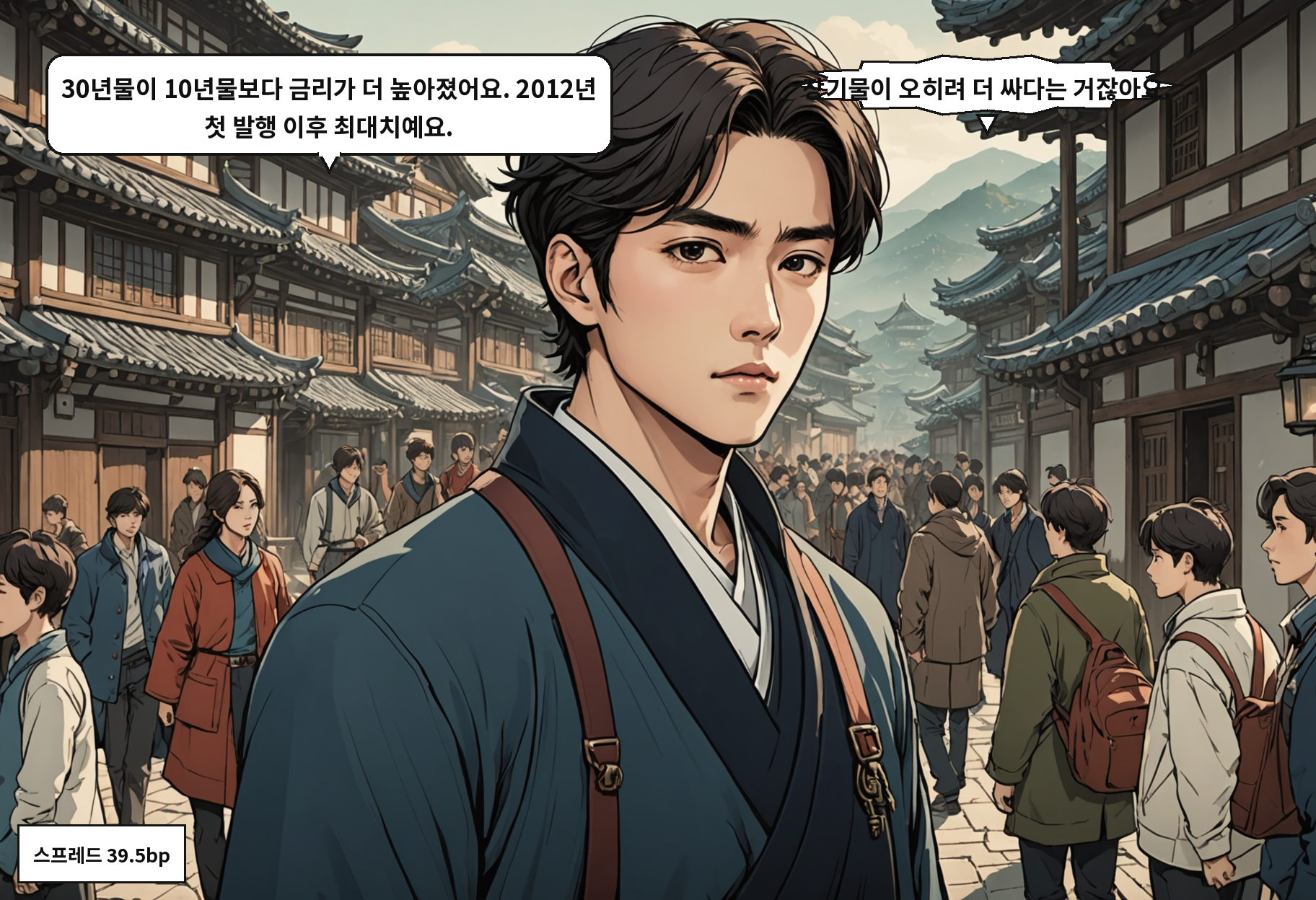 A: 30년물이 10년물보다 금리가 더 높아졌어요. 2012년 첫 발행 이후 최대치예요. B: 장기물이 오히려 더 싸다는 거잖아요.
