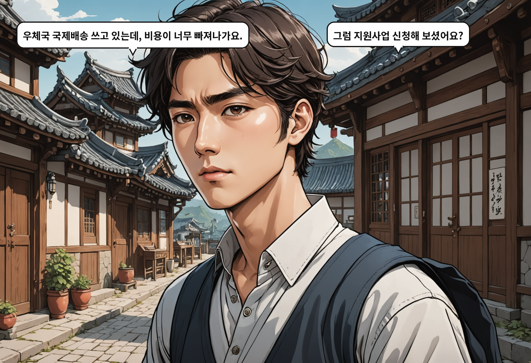 A: 우체국 국제배송 쓰고 있는데, 비용이 너무 빠져나가요. B: 그럼 지원사업 신청해 보셨어요?