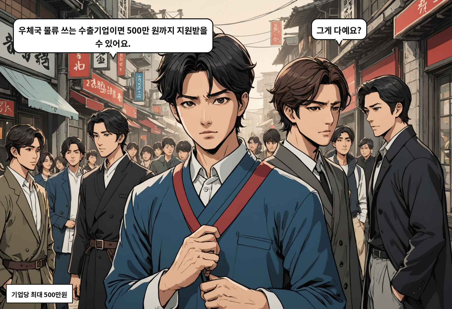 B: 우체국 물류 쓰는 수출기업이면 500만 원까지 지원받을 수 있어요. A: 그게 다예요?