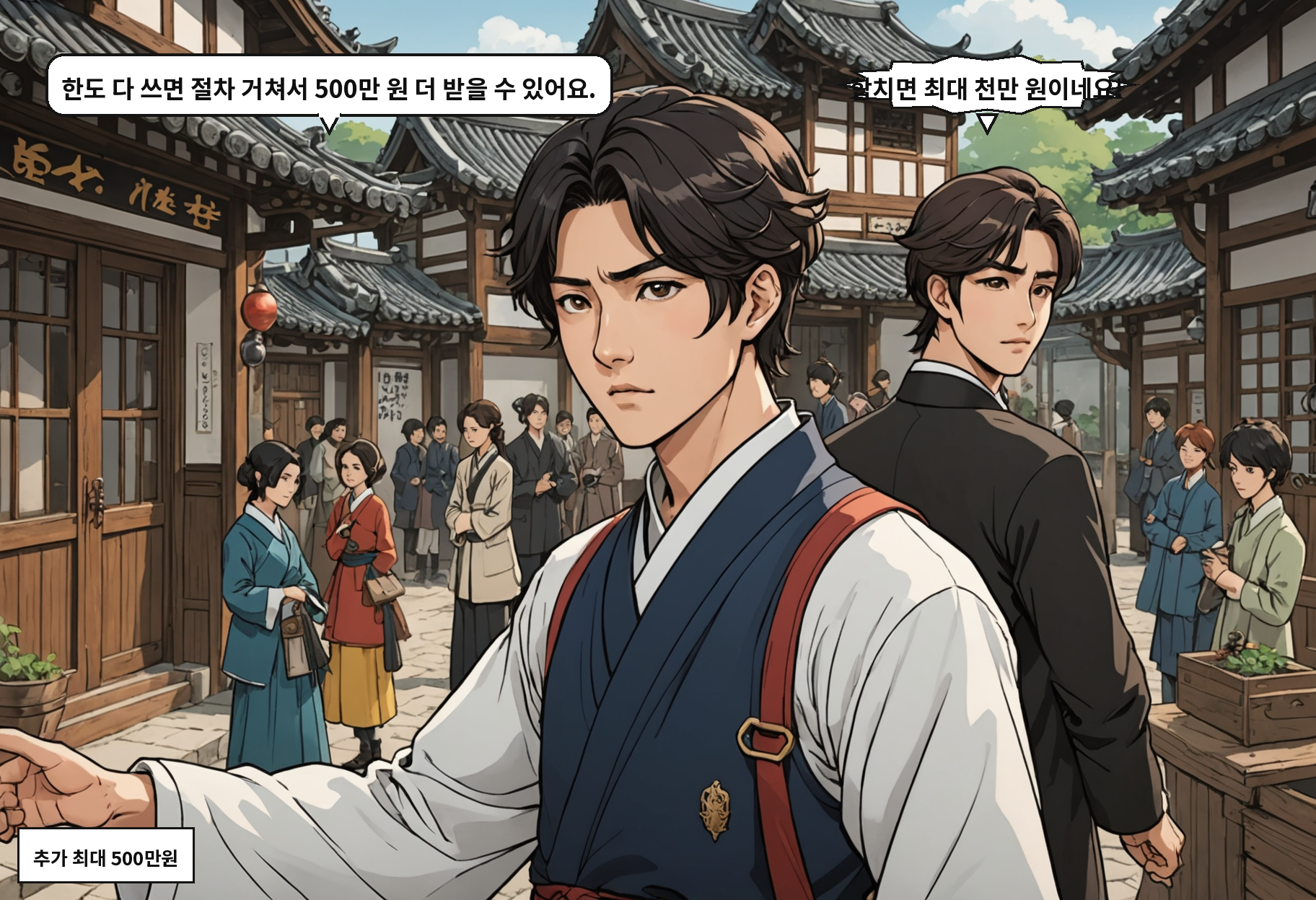 B: 한도 다 쓰면 절차 거쳐서 500만 원 더 받을 수 있어요. A: 합치면 최대 천만 원이네요!