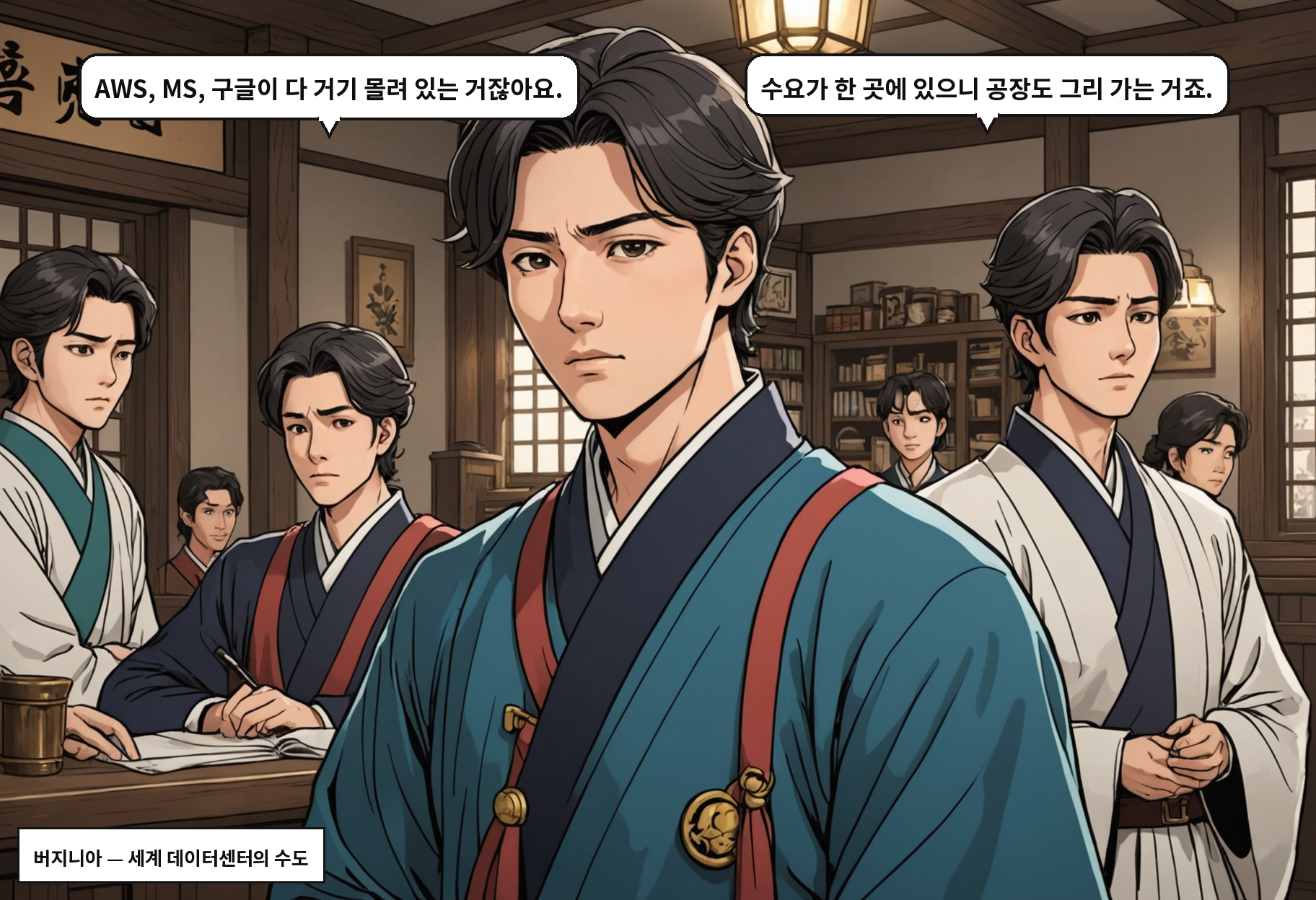 A: AWS, MS, 구글이 다 거기 몰려 있는 거잖아요. B: 수요가 한 곳에 있으니 공장도 그리 가는 거죠.