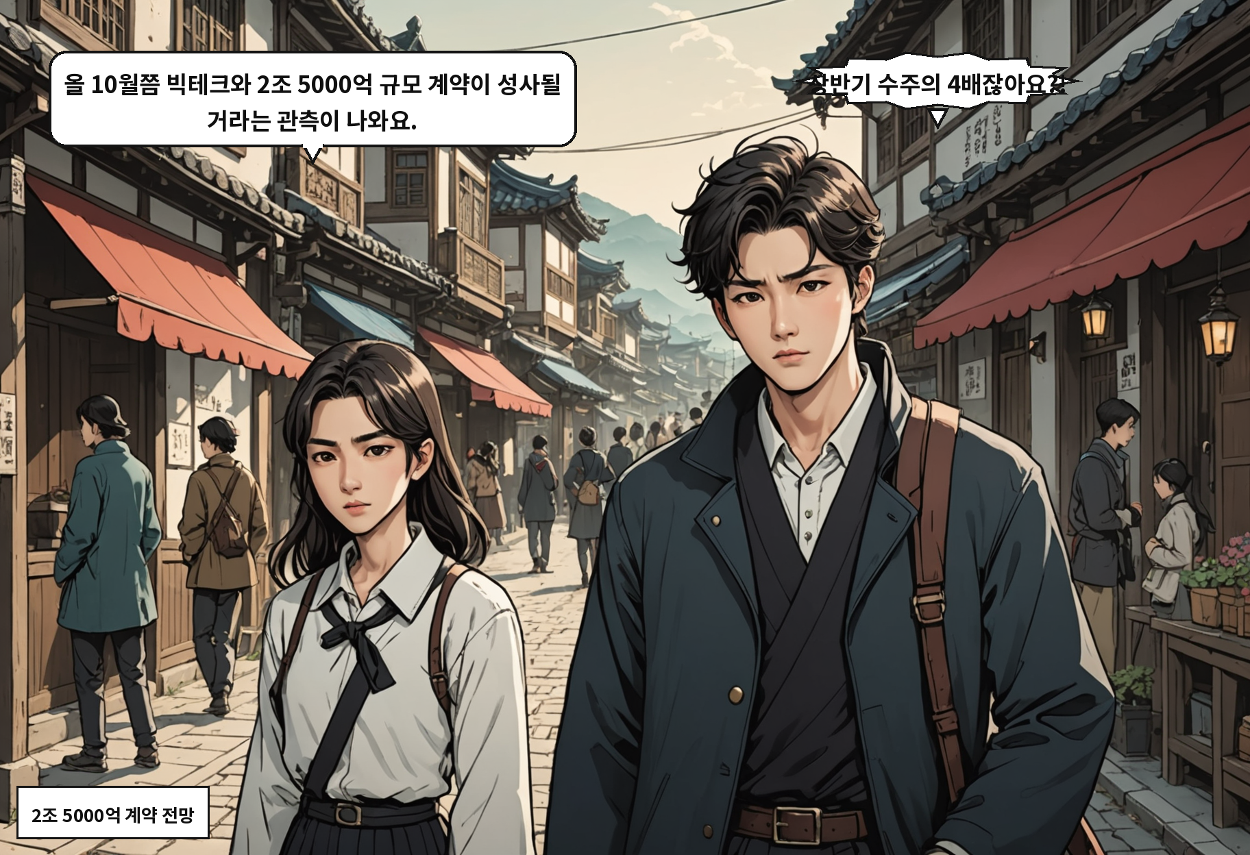 A: 올 10월쯤 빅테크와 2조 5000억 규모 계약이 성사될 거라는 관측이 나와요. B: 상반기 수주의 4배잖아요?!