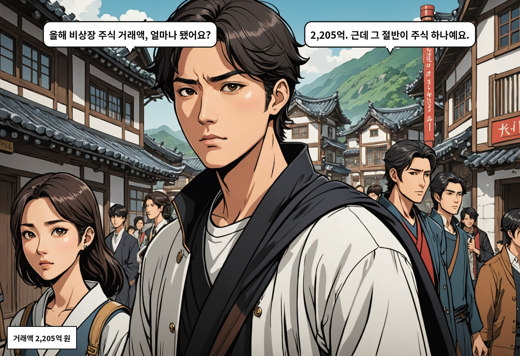 B: 올해 비상장 주식 거래액, 얼마나 됐어요? A: 2,205억. 근데 그 절반이 주식 하나예요.