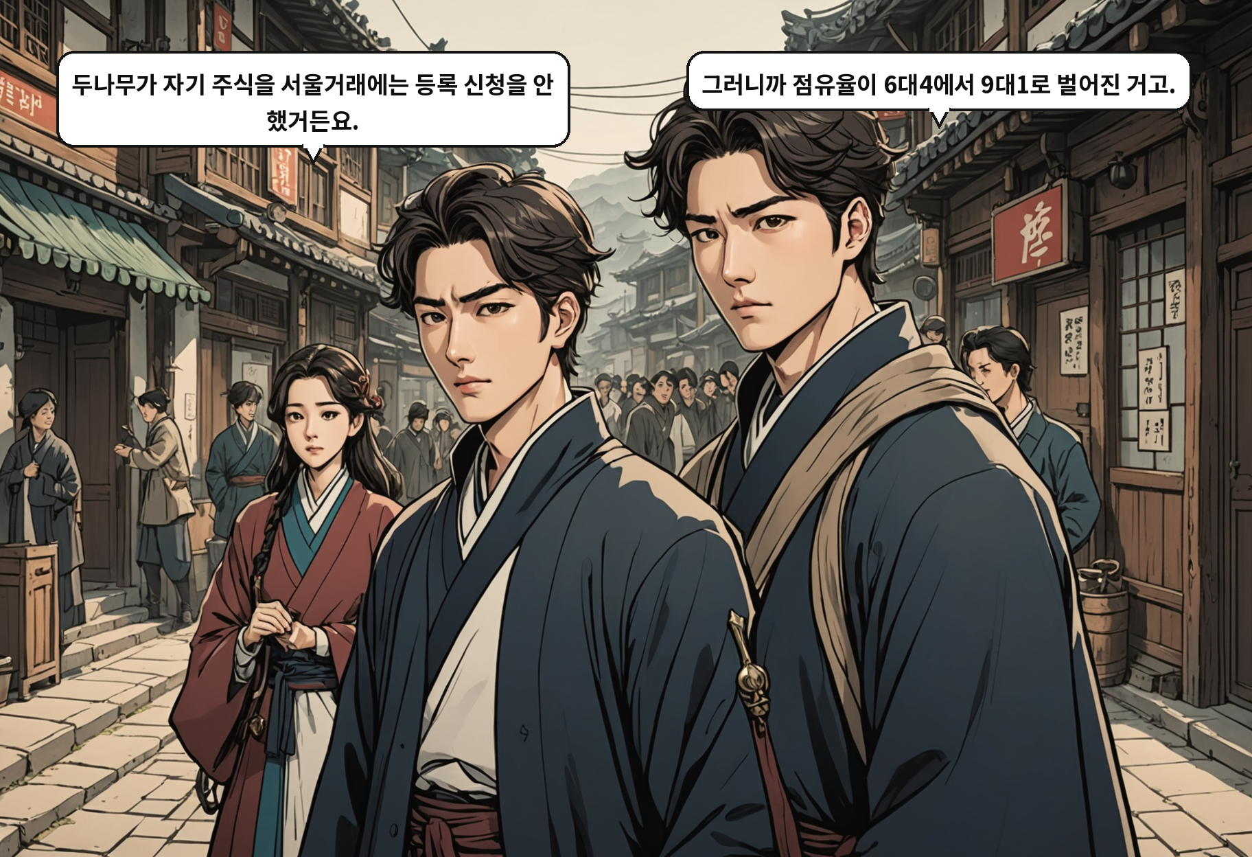 A: 두나무가 자기 주식을 서울거래에는 등록 신청을 안 했거든요. B: 그러니까 점유율이 6대4에서 9대1로 벌어진 거고.