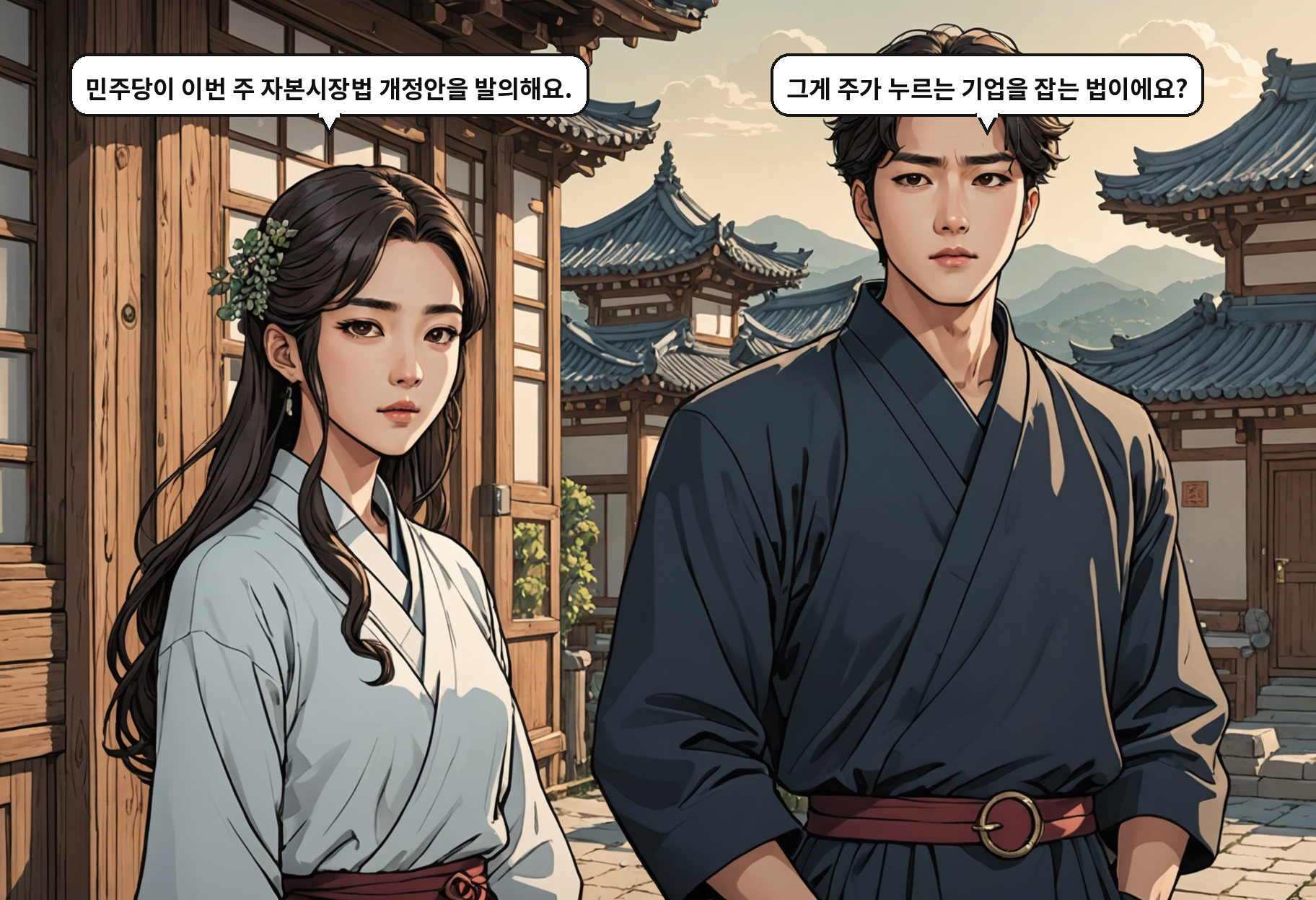 A: 민주당이 이번 주 자본시장법 개정안을 발의해요. B: 그게 주가 누르는 기업을 잡는 법이에요?
