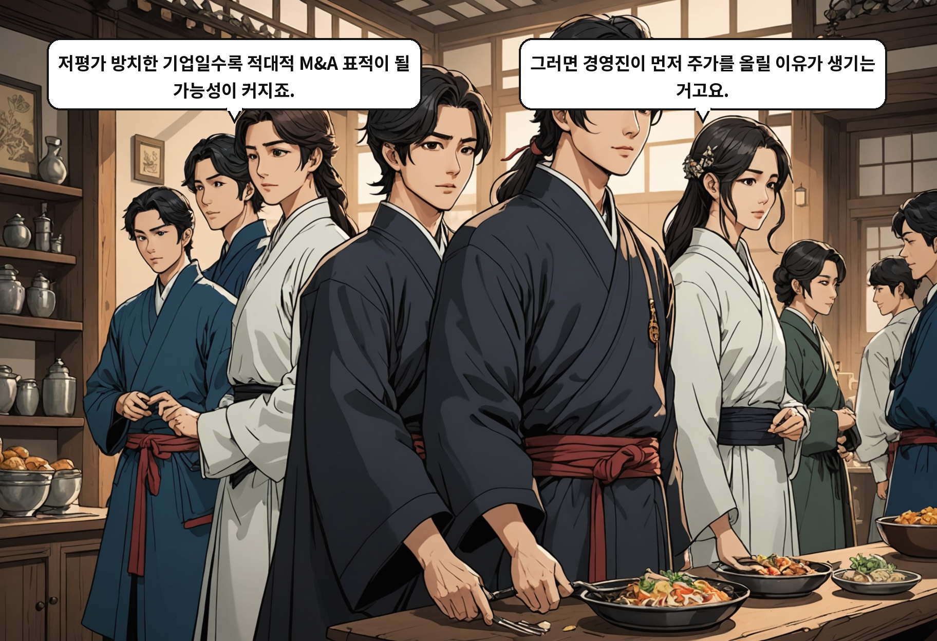 A: 저평가 방치한 기업일수록 적대적 M&A 표적이 될 가능성이 커지죠. B: 그러면 경영진이 먼저 주가를 올릴 이유가 생기는 거고요.