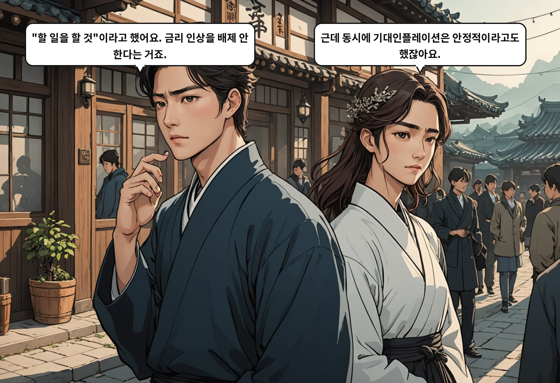 A: "할 일을 할 것"이라고 했어요. 금리 인상을 배제 안 한다는 거죠. B: 근데 동시에 기대인플레이션은 안정적이라고도 했잖아요.