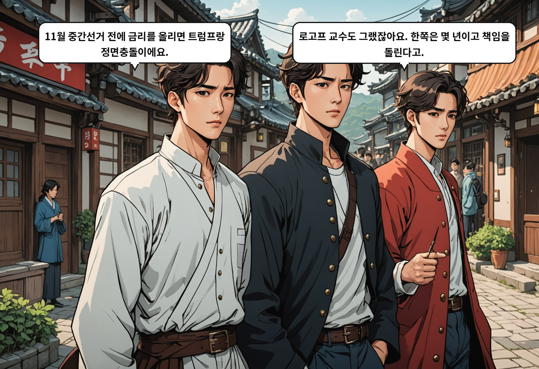A: 11월 중간선거 전에 금리를 올리면 트럼프랑 정면충돌이에요. B: 로고프 교수도 그랬잖아요. 한쪽은 몇 년이고 책임을 돌린다고.