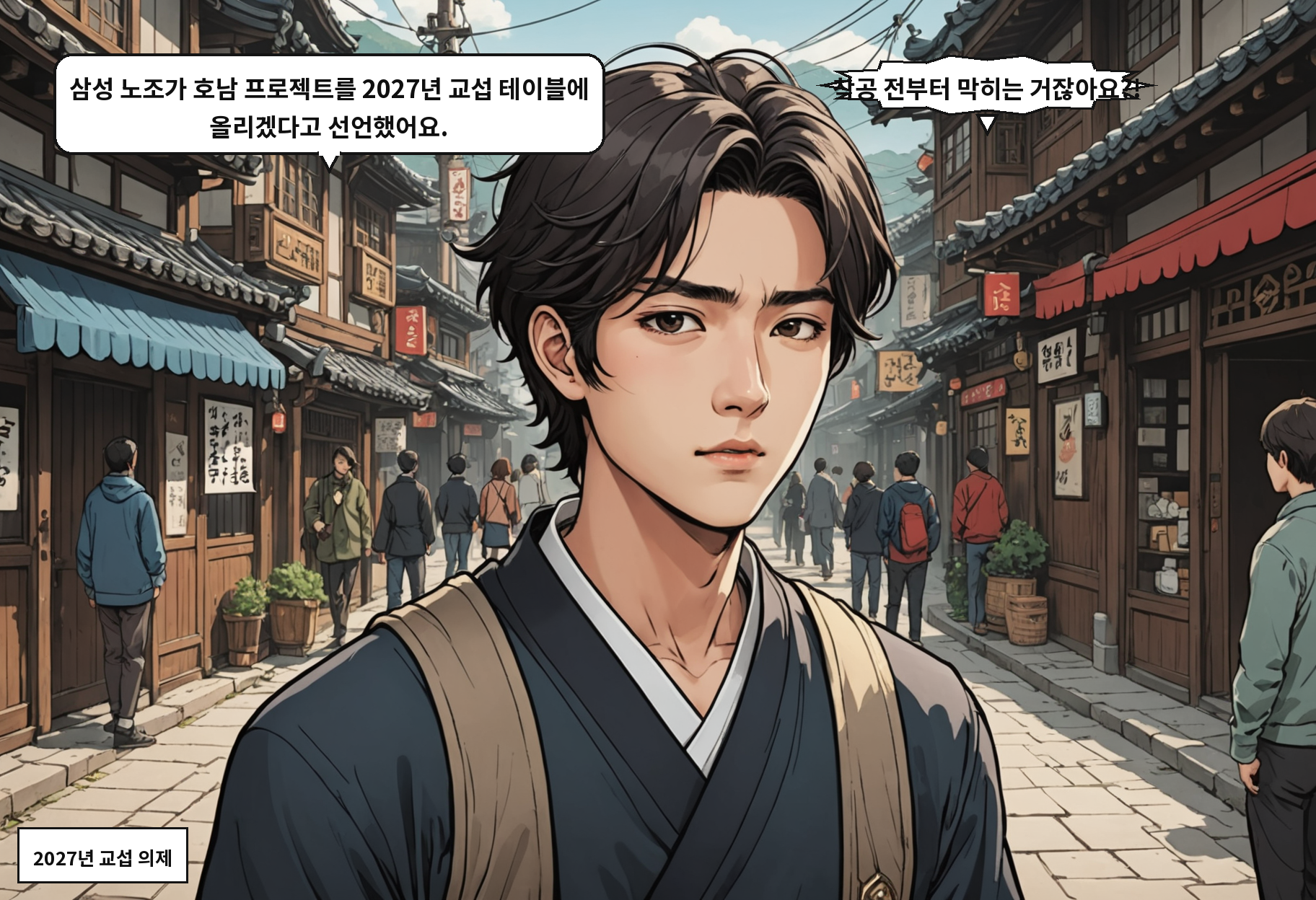A: 삼성 노조가 호남 프로젝트를 2027년 교섭 테이블에 올리겠다고 선언했어요. B: 착공 전부터 막히는 거잖아요?!
