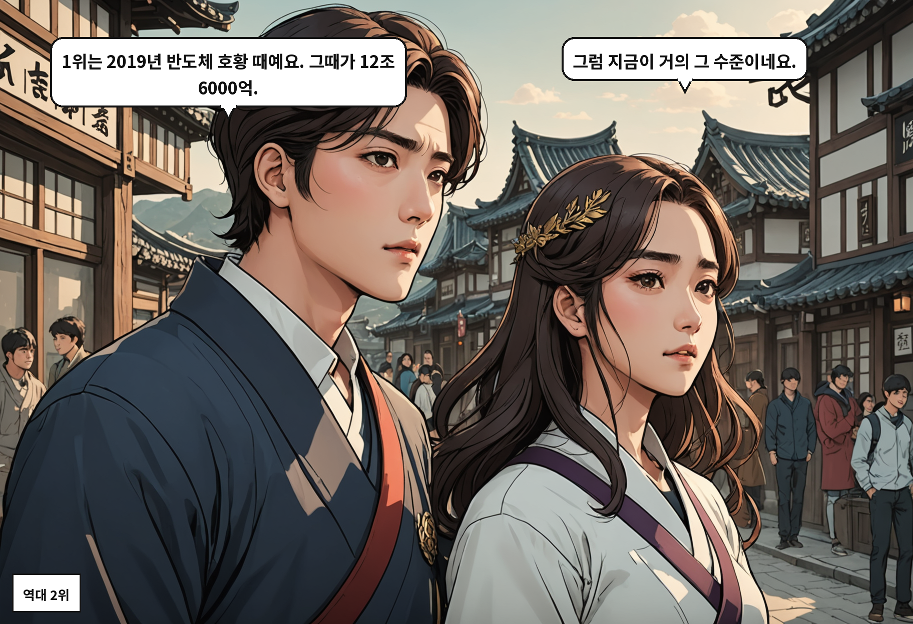 B: 1위는 2019년 반도체 호황 때예요. 그때가 12조 6000억. A: 그럼 지금이 거의 그 수준이네요.
