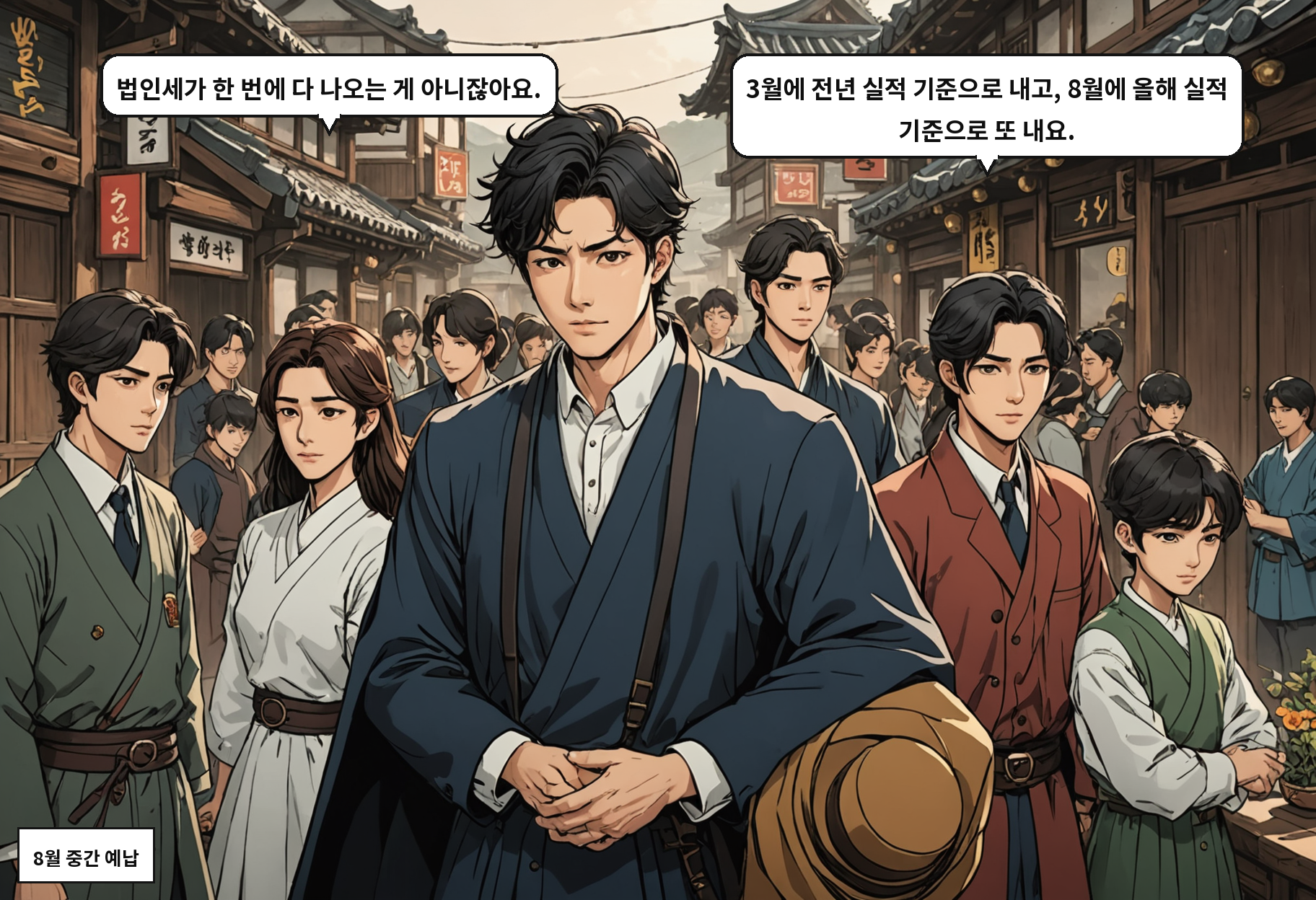 A: 법인세가 한 번에 다 나오는 게 아니잖아요. B: 3월에 전년 실적 기준으로 내고, 8월에 올해 실적 기준으로 또 내요.