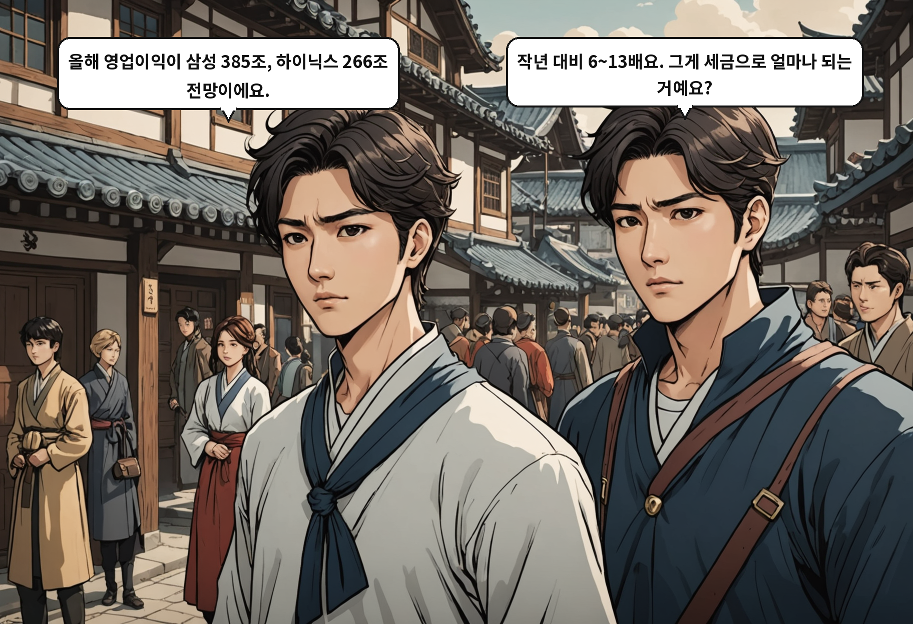 B: 올해 영업이익이 삼성 385조, 하이닉스 266조 전망이에요. A: 작년 대비 6~13배요. 그게 세금으로 얼마나 되는 거예요?
