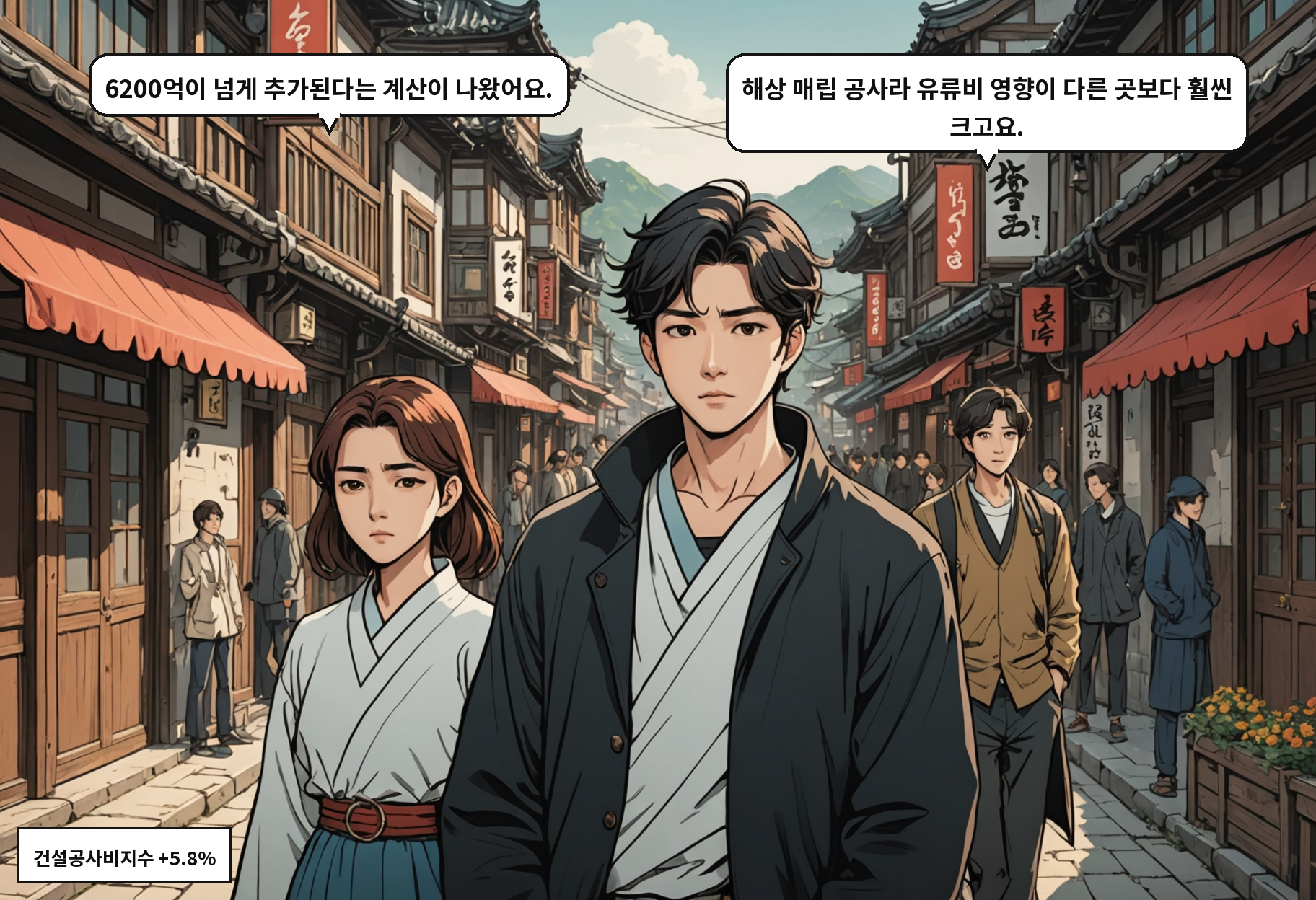 A: 6200억이 넘게 추가된다는 계산이 나왔어요. B: 해상 매립 공사라 유류비 영향이 다른 곳보다 훨씬 크고요.