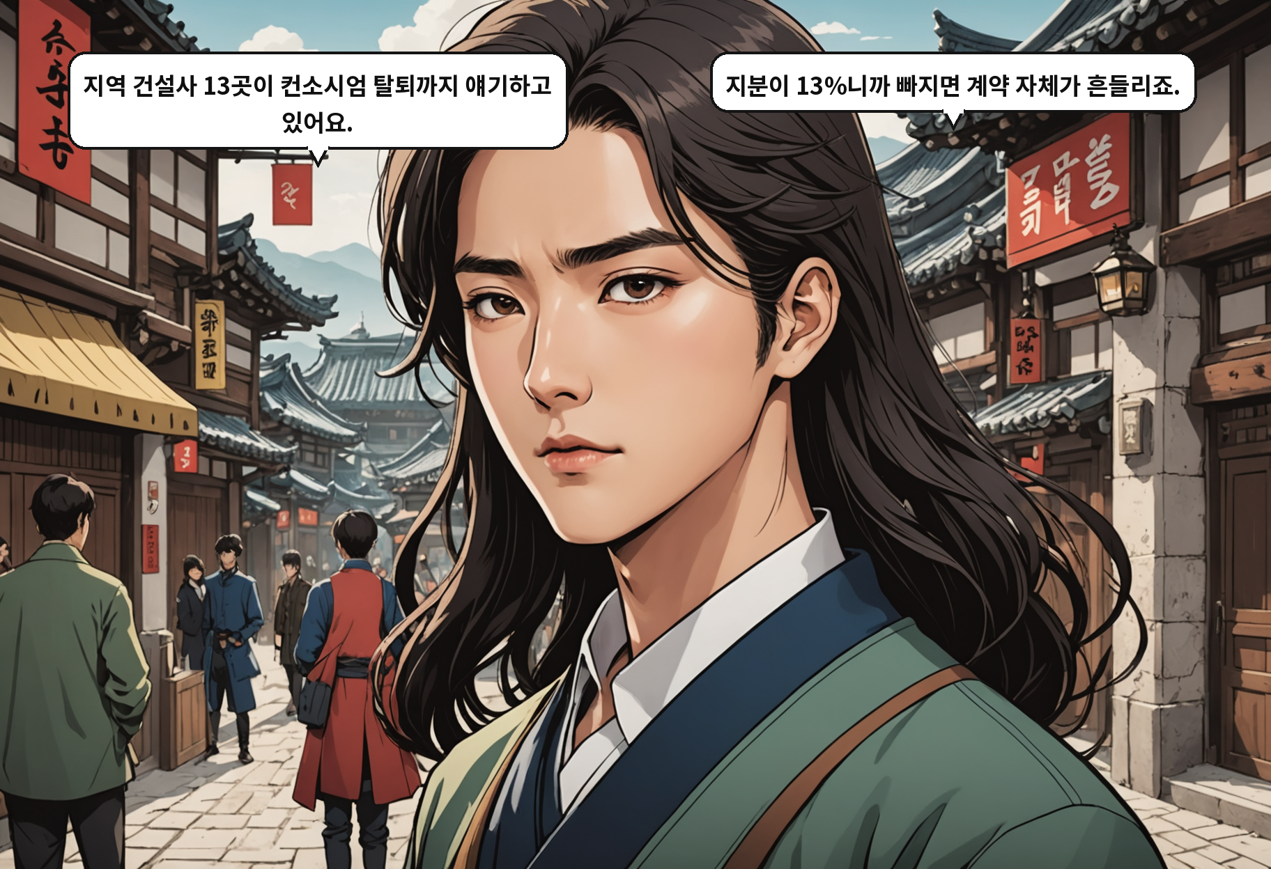 A: 지역 건설사 13곳이 컨소시엄 탈퇴까지 얘기하고 있어요. B: 지분이 13%니까 빠지면 계약 자체가 흔들리죠.