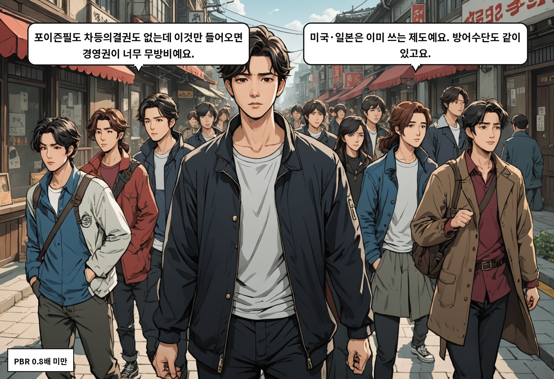 B: 포이즌필도 차등의결권도 없는데 이것만 들어오면 경영권이 너무 무방비예요. A: 미국·일본은 이미 쓰는 제도예요. 방어수단도 같이 있고요.