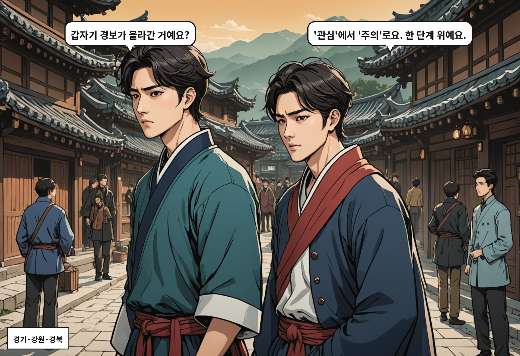 A: 갑자기 경보가 올라간 거예요? B: '관심'에서 '주의'로요. 한 단계 위예요.