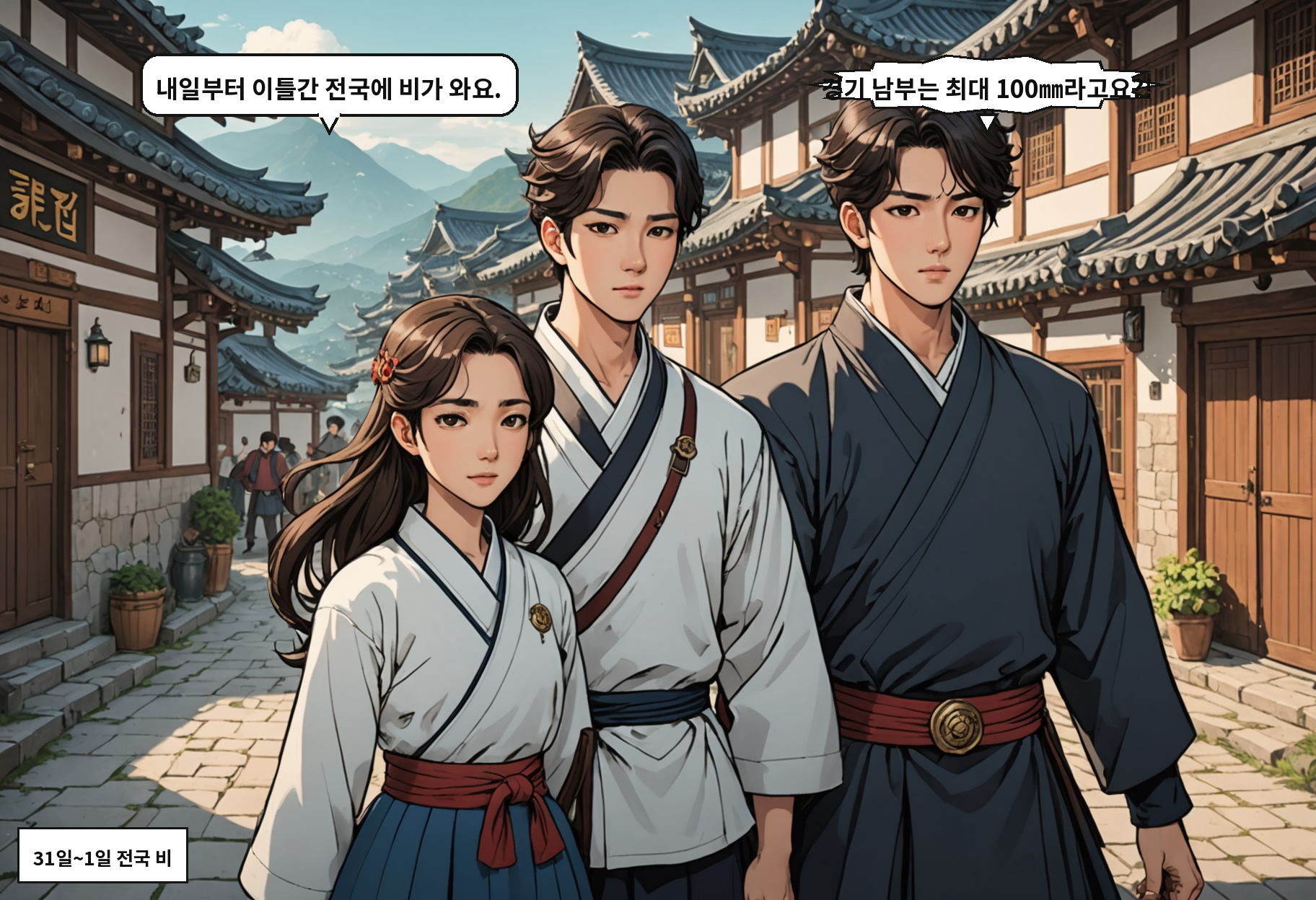 B: 내일부터 이틀간 전국에 비가 와요. A: 경기 남부는 최대 100㎜라고요?!