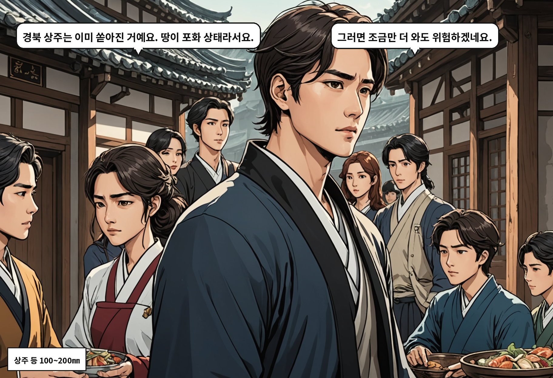 B: 경북 상주는 이미 쏟아진 거예요. 땅이 포화 상태라서요. A: 그러면 조금만 더 와도 위험하겠네요.