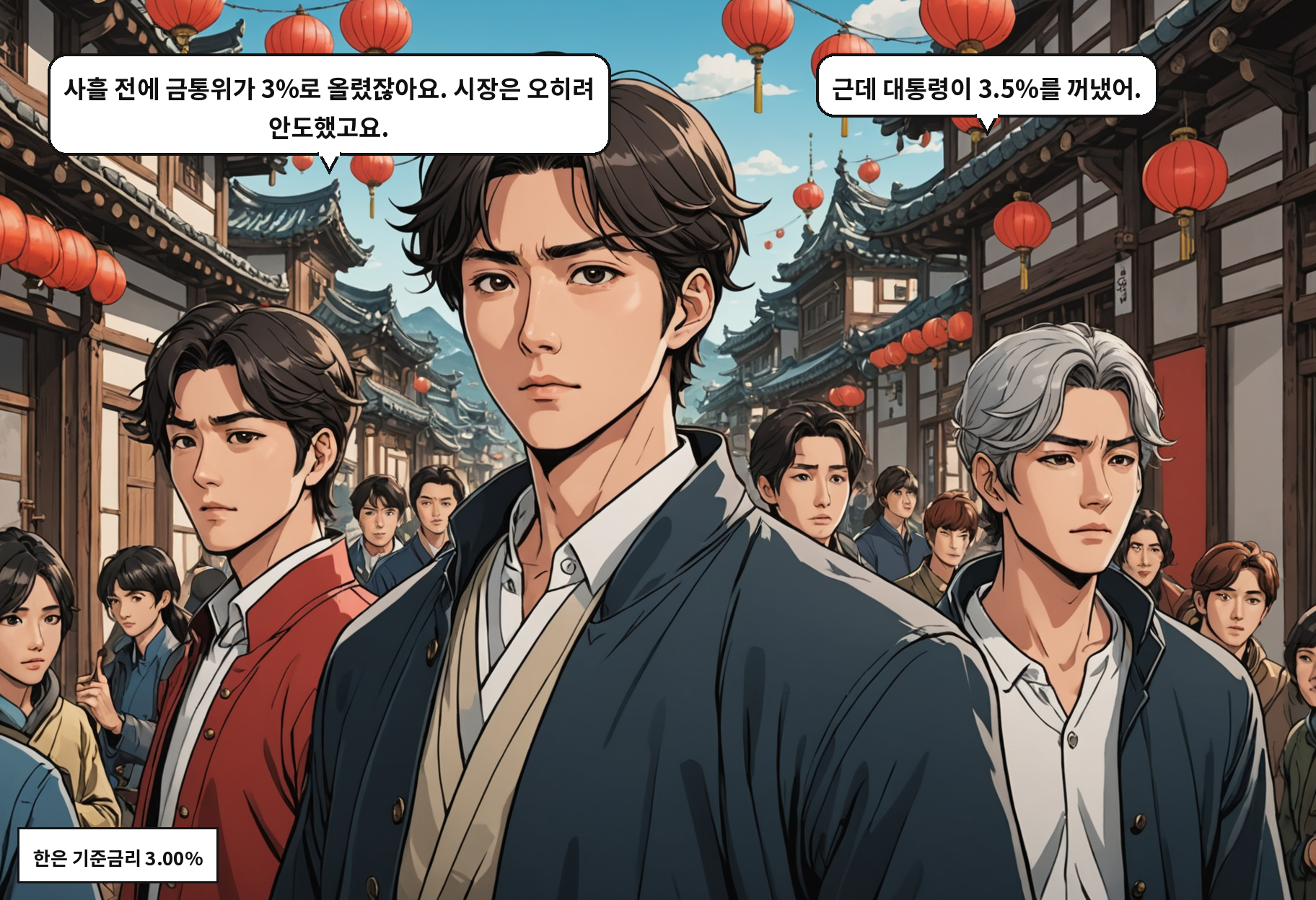 B: 사흘 전에 금통위가 3%로 올렸잖아요. 시장은 오히려 안도했고요. A: 근데 대통령이 3.5%를 꺼냈어.