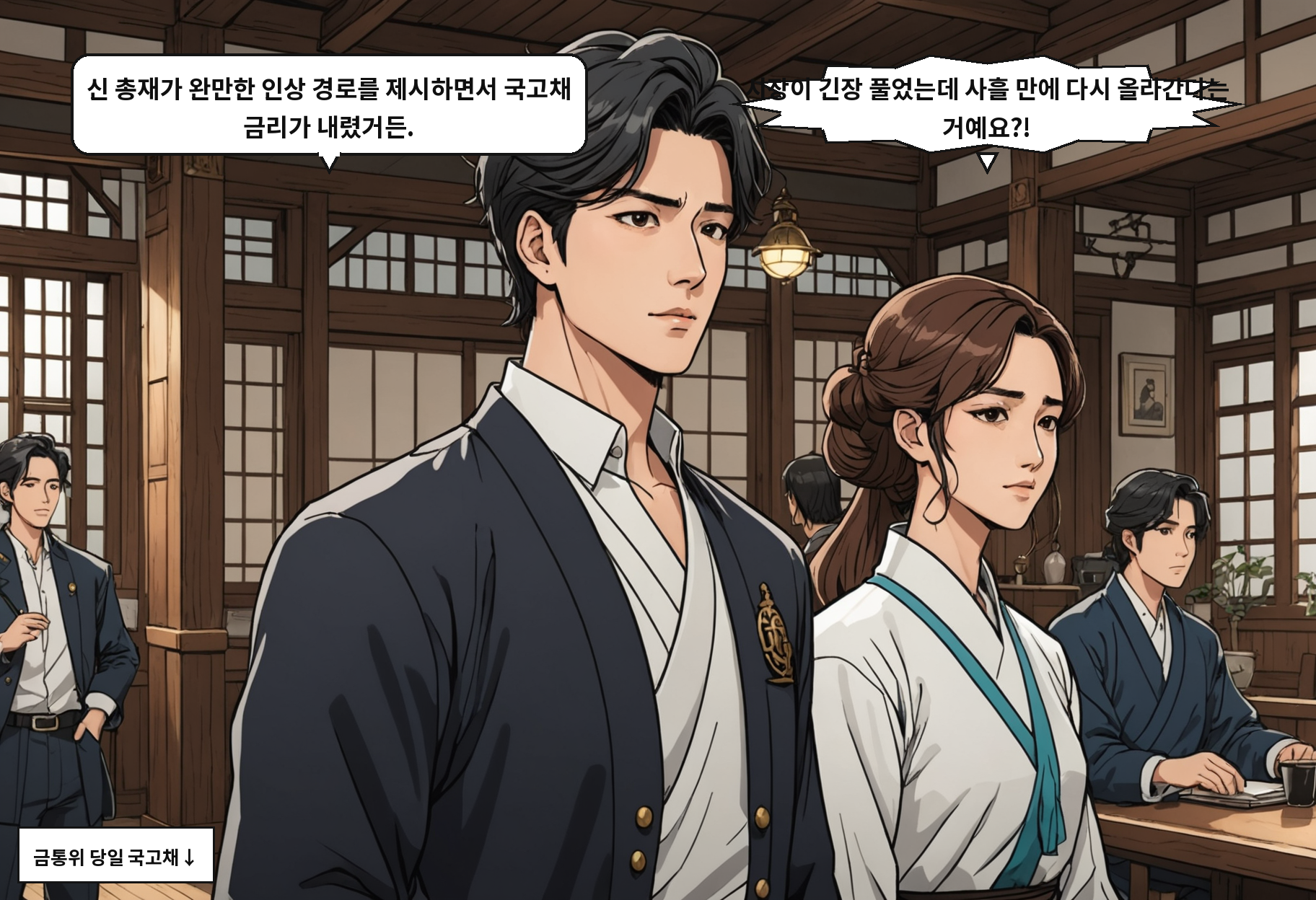 A: 신 총재가 완만한 인상 경로를 제시하면서 국고채 금리가 내렸거든. B: 시장이 긴장 풀었는데 사흘 만에 다시 올라간다는 거예요?!