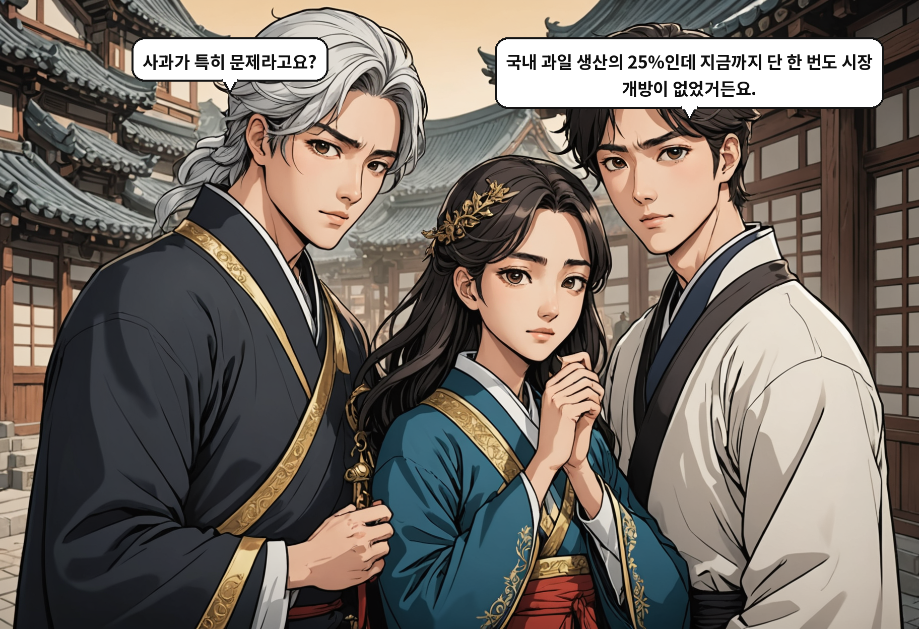 B: 사과가 특히 문제라고요? A: 국내 과일 생산의 25%인데 지금까지 단 한 번도 시장 개방이 없었거든요.