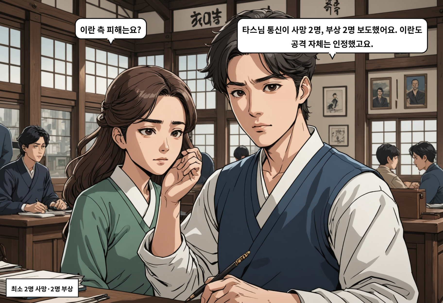 A: 이란 측 피해는요? B: 타스님 통신이 사망 2명, 부상 2명 보도했어요. 이란도 공격 자체는 인정했고요.