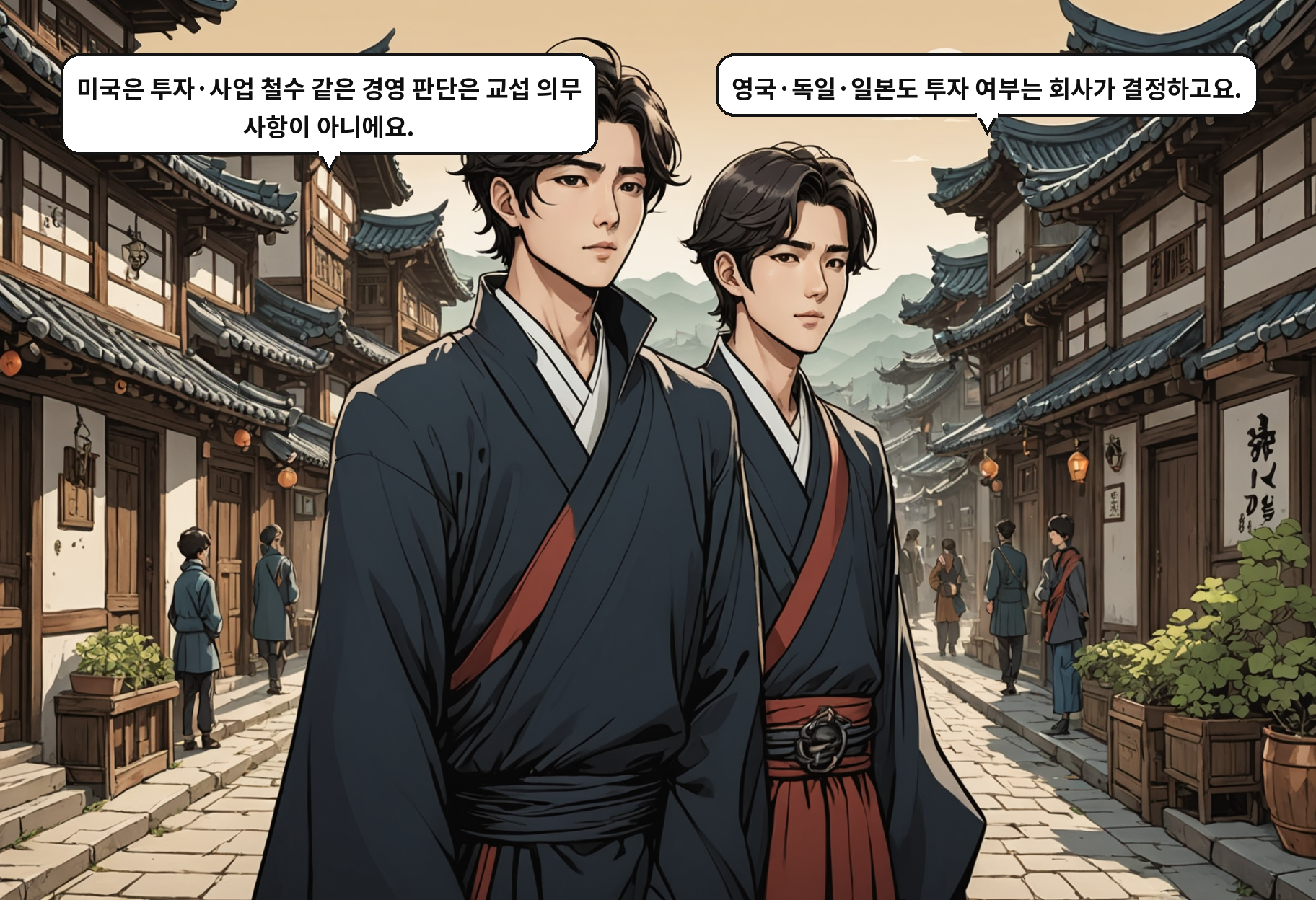 B: 미국은 투자·사업 철수 같은 경영 판단은 교섭 의무 사항이 아니에요. A: 영국·독일·일본도 투자 여부는 회사가 결정하고요.
