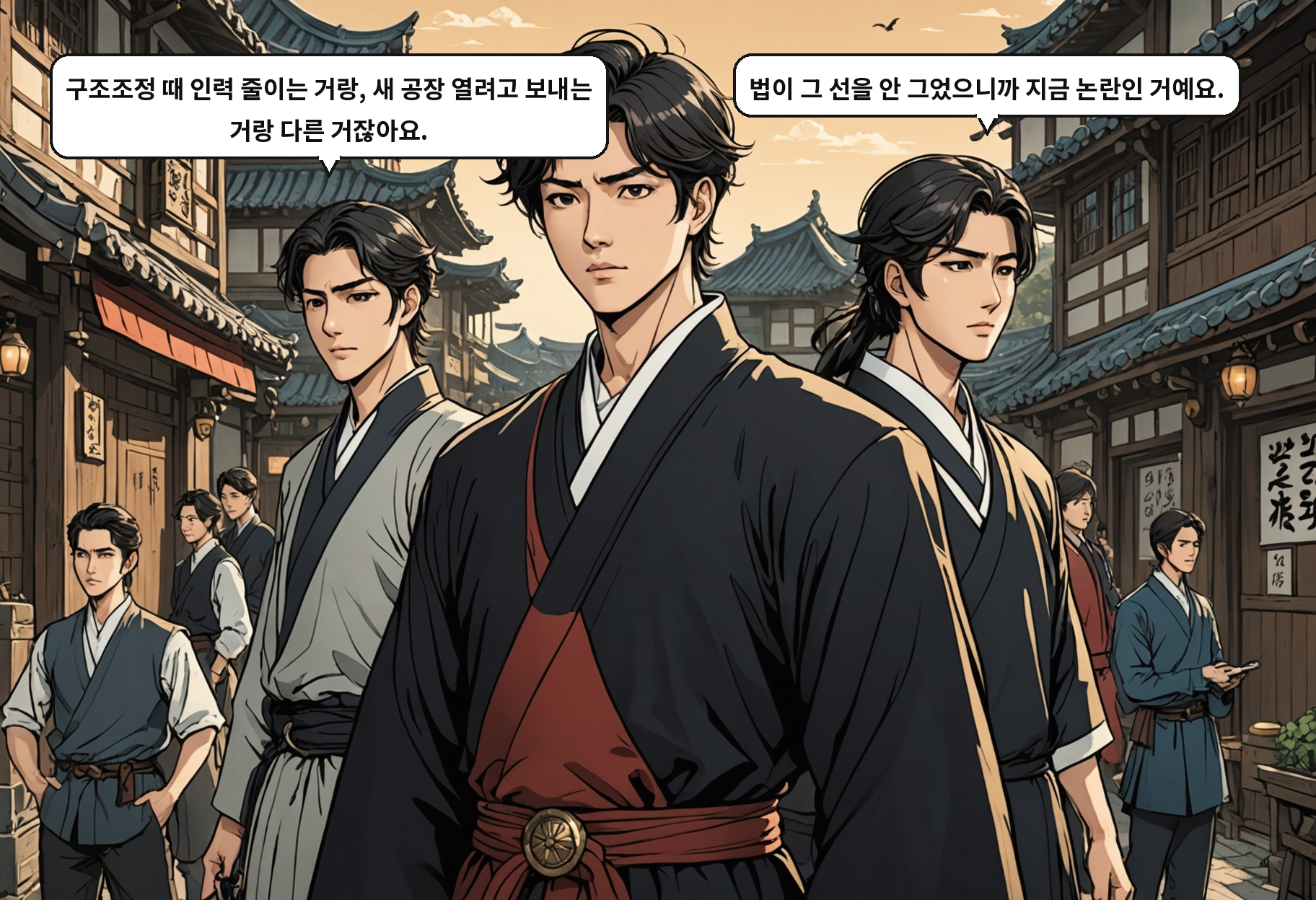 A: 구조조정 때 인력 줄이는 거랑, 새 공장 열려고 보내는 거랑 다른 거잖아요. B: 법이 그 선을 안 그었으니까 지금 논란인 거예요.