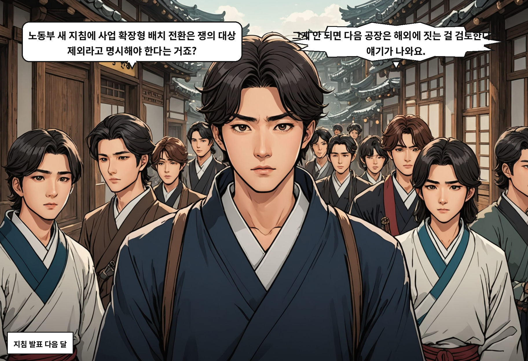 A: 노동부 새 지침에 사업 확장형 배치 전환은 쟁의 대상 제외라고 명시해야 한다는 거죠? B: 그게 안 되면 다음 공장은 해외에 짓는 걸 검토한다는 얘기가 나와요.