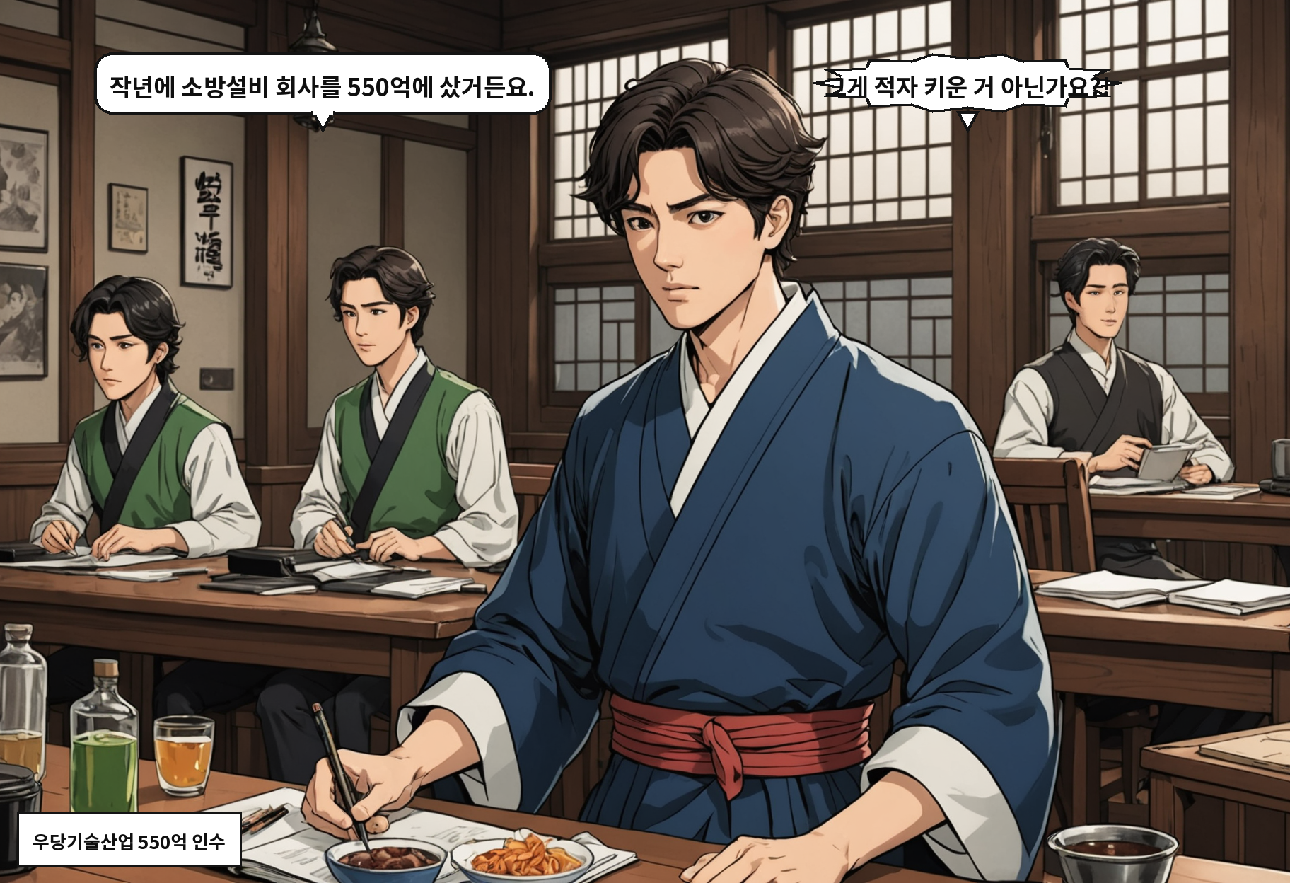A: 작년에 소방설비 회사를 550억에 샀거든요. B: 그게 적자 키운 거 아닌가요?!