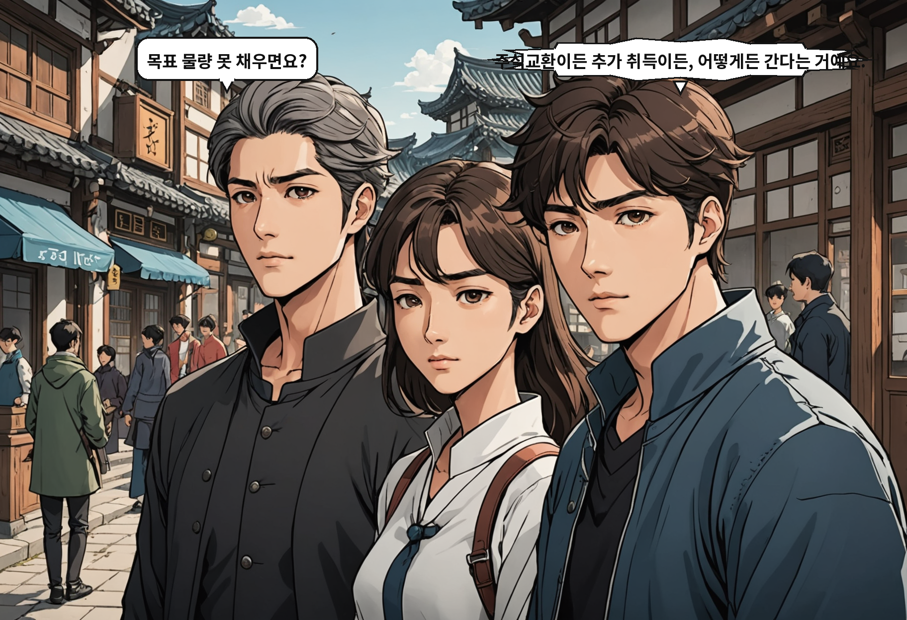B: 목표 물량 못 채우면요? A: 주식교환이든 추가 취득이든, 어떻게든 간다는 거예요.