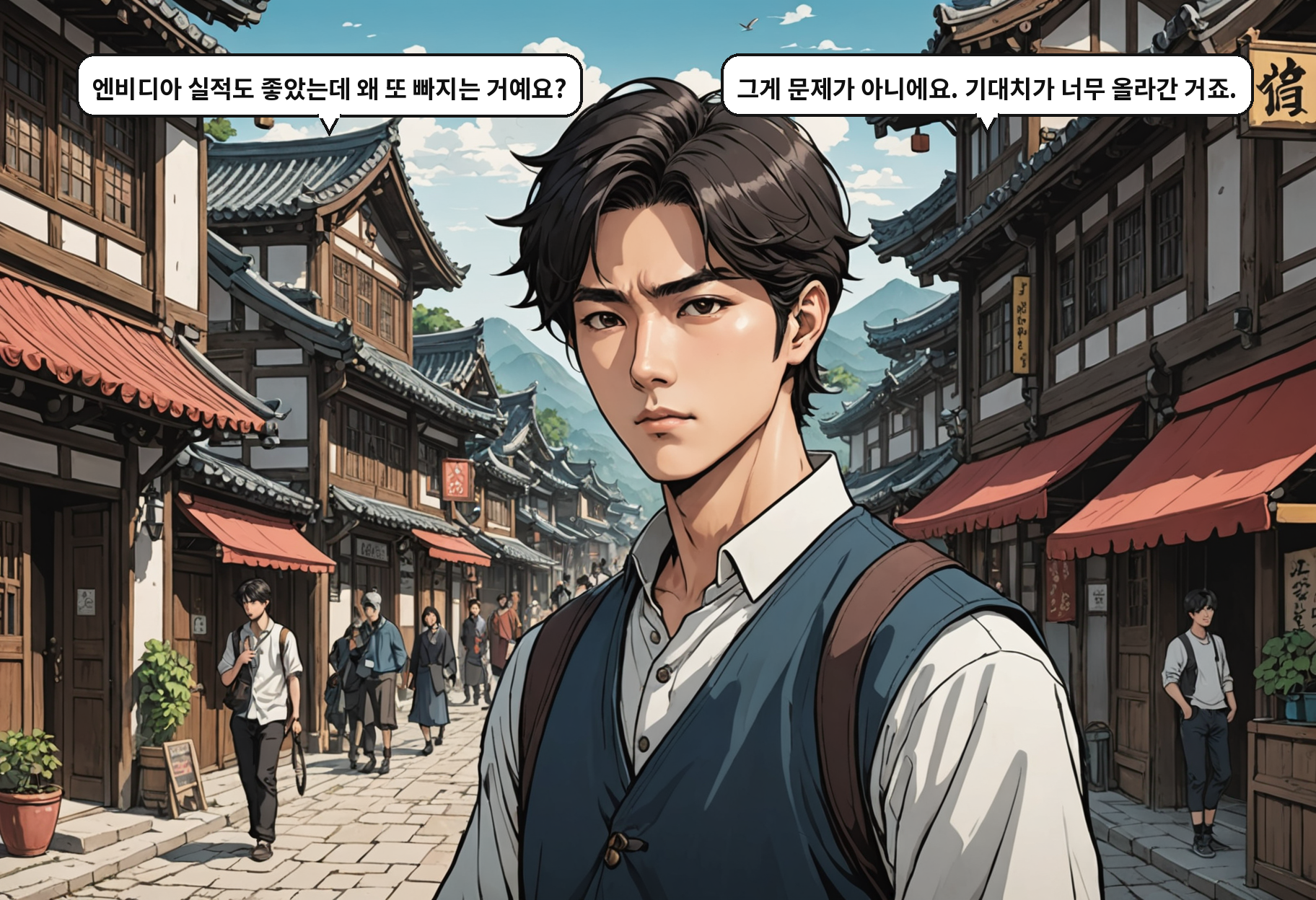 B: 엔비디아 실적도 좋았는데 왜 또 빠지는 거예요? A: 그게 문제가 아니에요. 기대치가 너무 올라간 거죠.