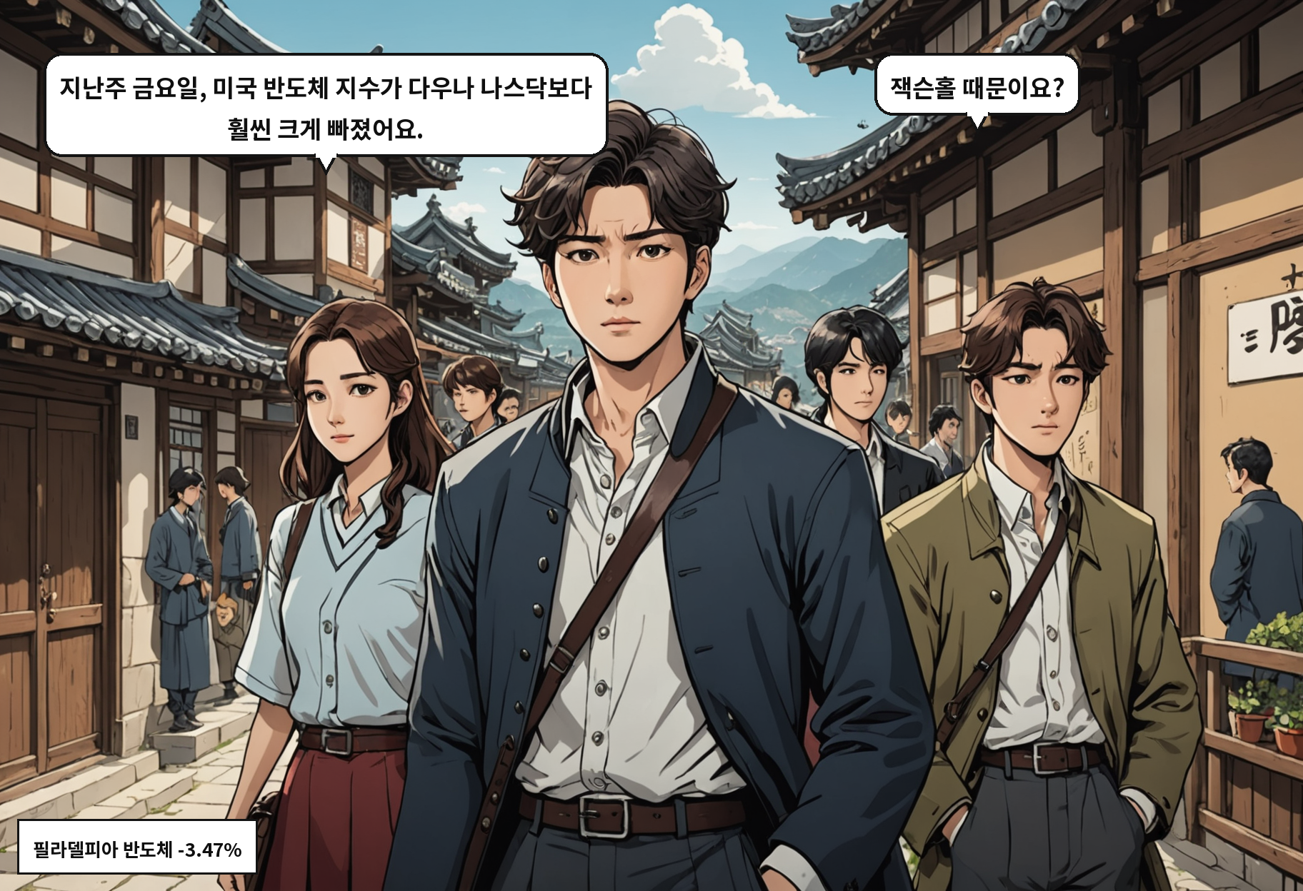 A: 지난주 금요일, 미국 반도체 지수가 다우나 나스닥보다 훨씬 크게 빠졌어요. B: 잭슨홀 때문이요?