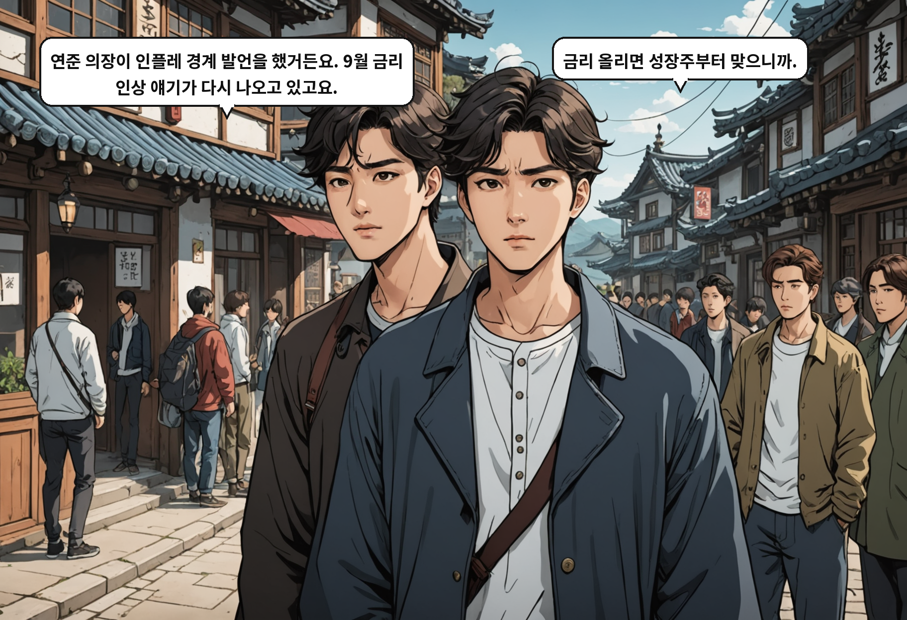 A: 연준 의장이 인플레 경계 발언을 했거든요. 9월 금리 인상 얘기가 다시 나오고 있고요. B: 금리 올리면 성장주부터 맞으니까.