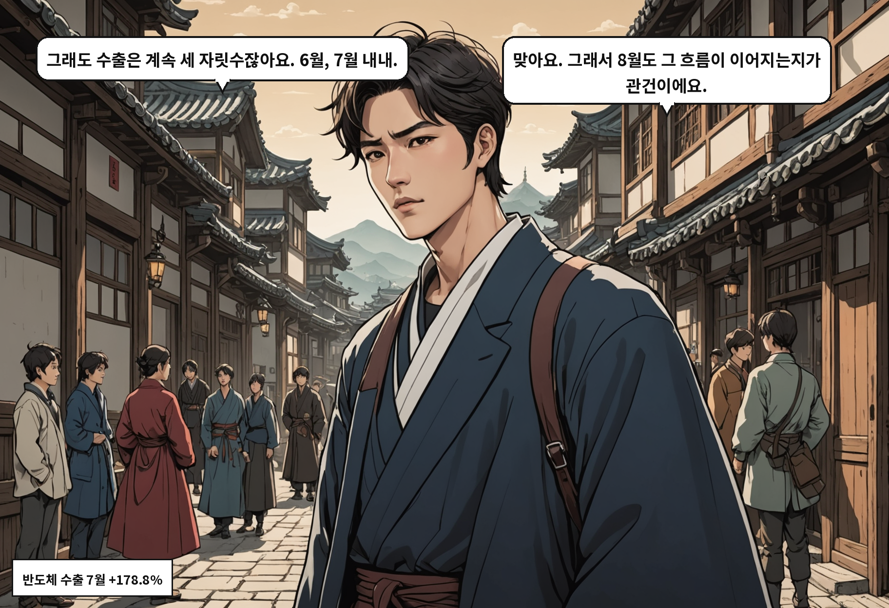 B: 그래도 수출은 계속 세 자릿수잖아요. 6월, 7월 내내. A: 맞아요. 그래서 8월도 그 흐름이 이어지는지가 관건이에요.