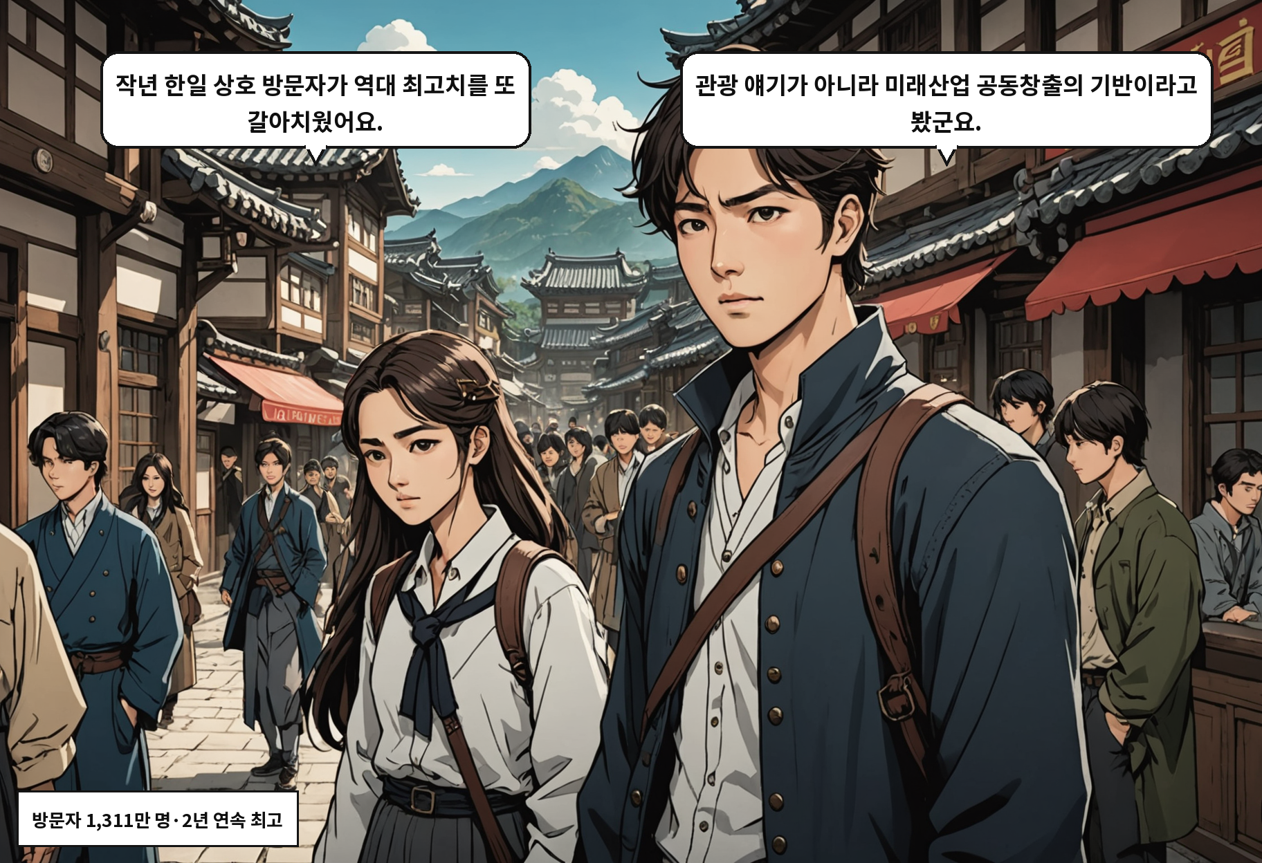 B: 작년 한일 상호 방문자가 역대 최고치를 또 갈아치웠어요. A: 관광 얘기가 아니라 미래산업 공동창출의 기반이라고 봤군요.