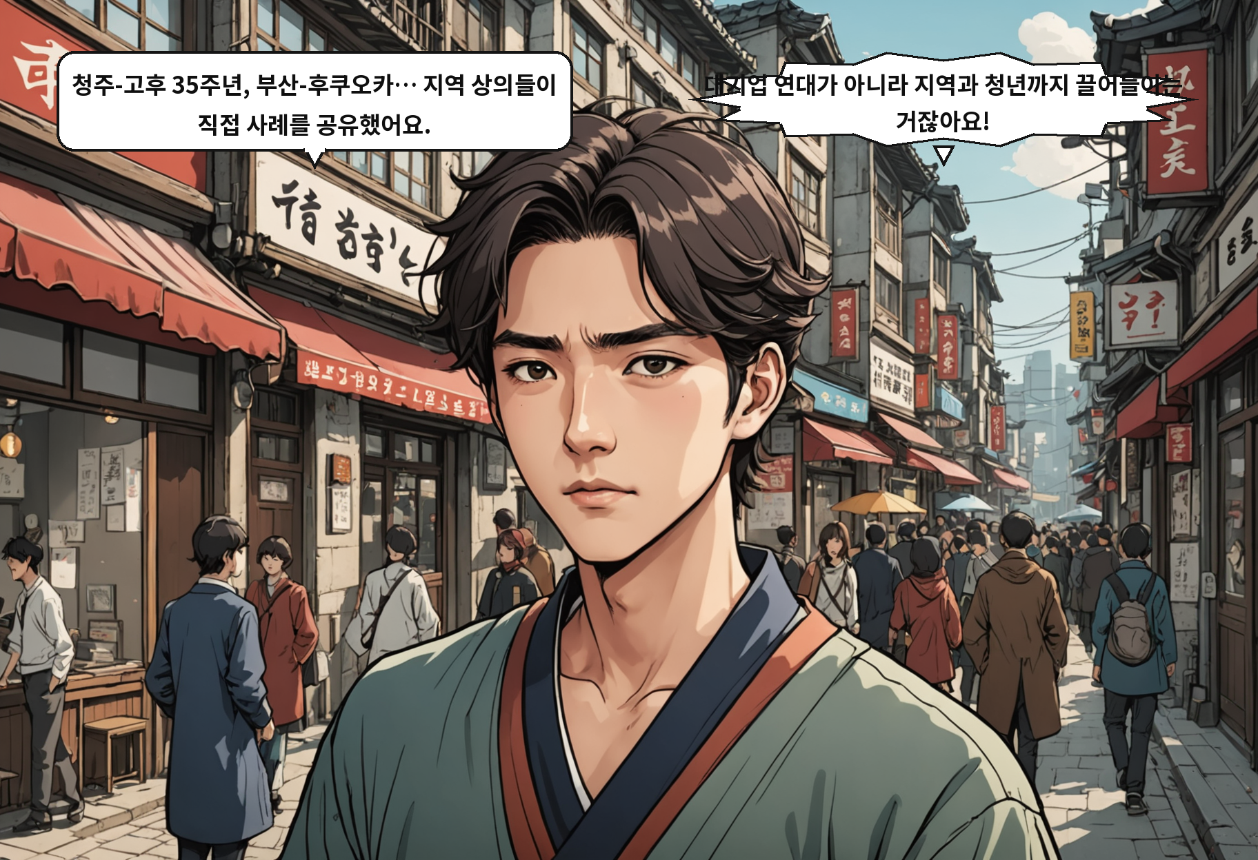 B: 청주-고후 35주년, 부산-후쿠오카… 지역 상의들이 직접 사례를 공유했어요. A: 대기업 연대가 아니라 지역과 청년까지 끌어들이는 거잖아요!