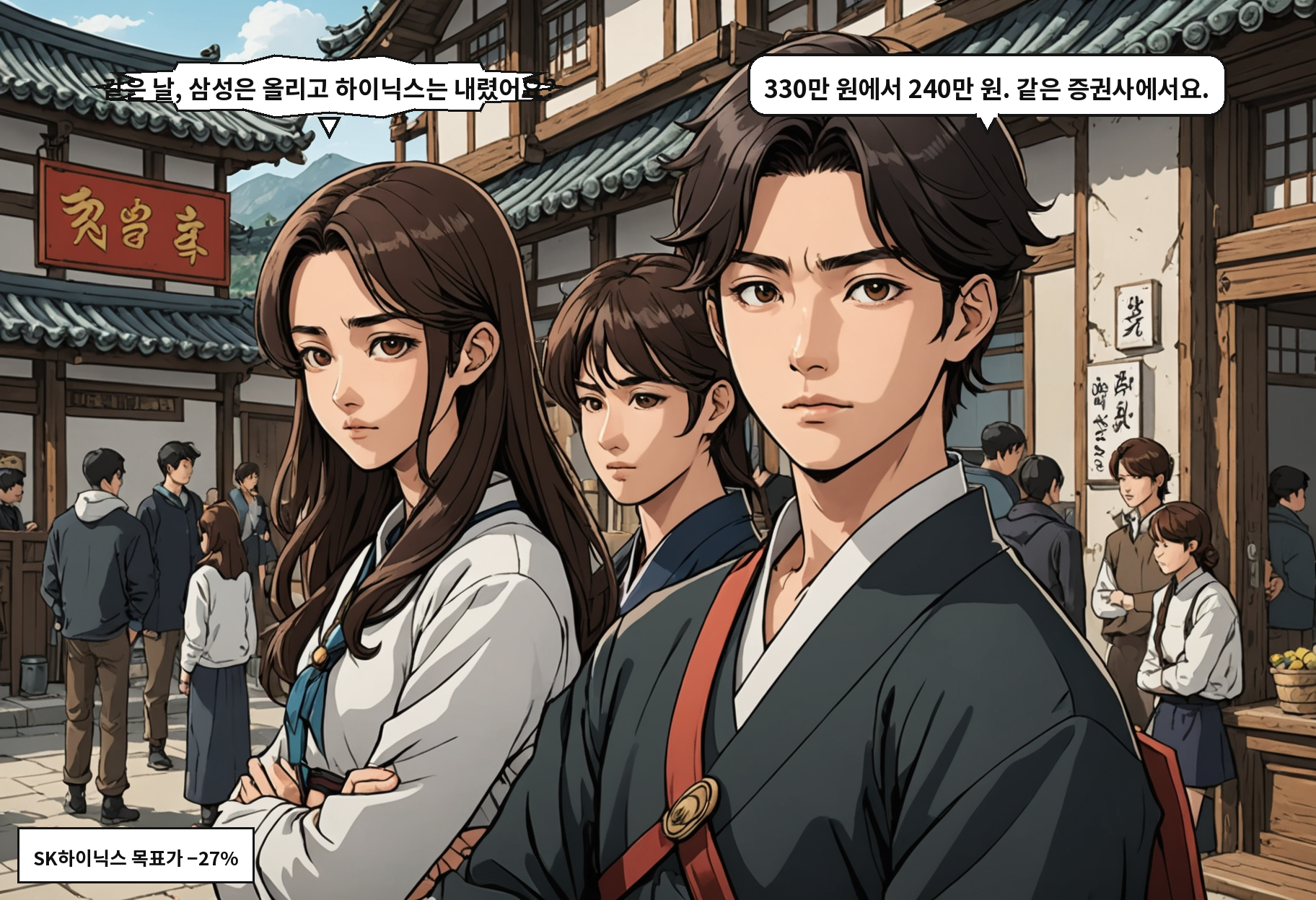 B: 같은 날, 삼성은 올리고 하이닉스는 내렸어요? A: 330만 원에서 240만 원. 같은 증권사에서요.
