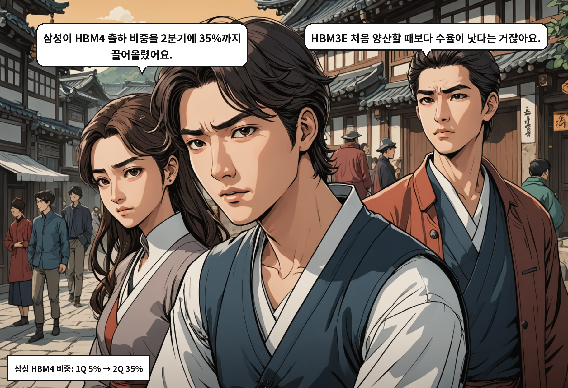 A: 삼성이 HBM4 출하 비중을 2분기에 35%까지 끌어올렸어요. B: HBM3E 처음 양산할 때보다 수율이 낫다는 거잖아요.