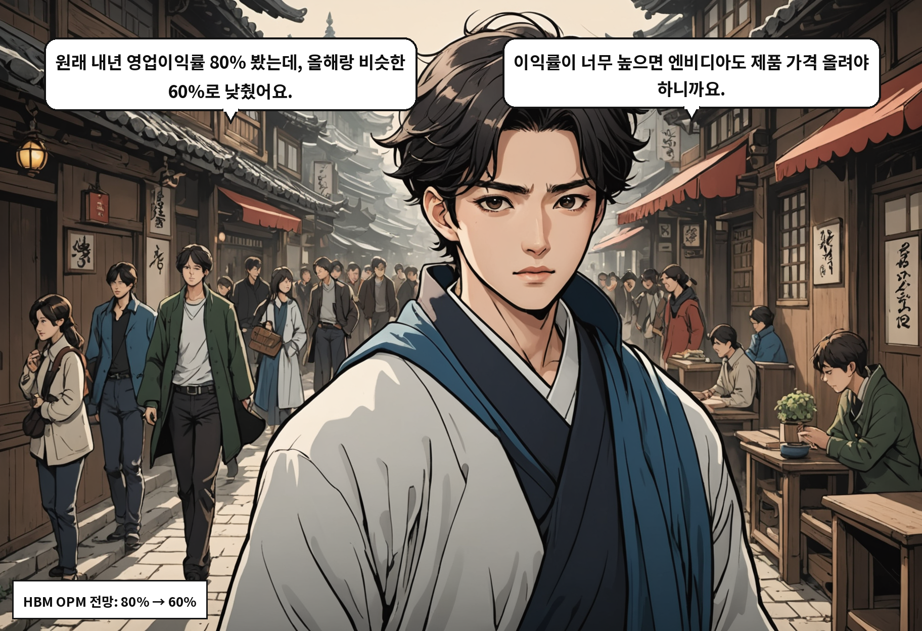 A: 원래 내년 영업이익률 80% 봤는데, 올해랑 비슷한 60%로 낮췄어요. B: 이익률이 너무 높으면 엔비디아도 제품 가격 올려야 하니까요.